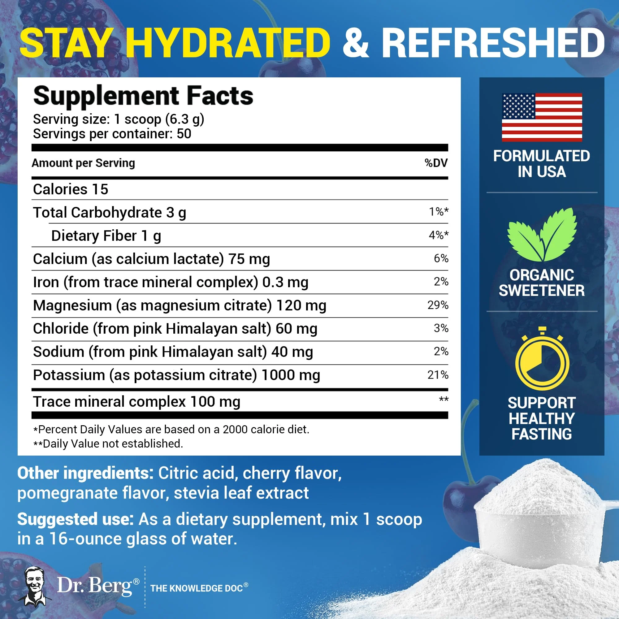 Dr. Berg Zero Sugar Hydration Keto Electrolyte Powder - Enhanced w/ 1000 mg of Potassium & Real Pink Himalayan Salt (NOT Table Salt) - Pomegranate and Cherry Hydration Drink Supplement - 50 Servings - Image 6