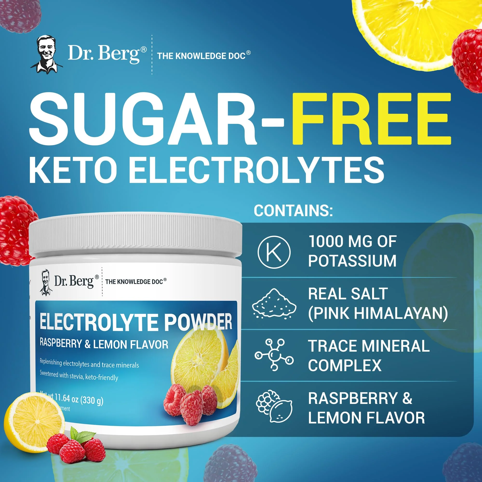 Dr. Berg Zero Sugar Hydration Keto Electrolyte Powder - Enhanced w/ 1000 mg of Potassium & Real Pink Himalayan Salt (NOT Table Salt) - Raspberry & Lemon Flavor Hydration Drink Supplement - 50 Servings - Image 2