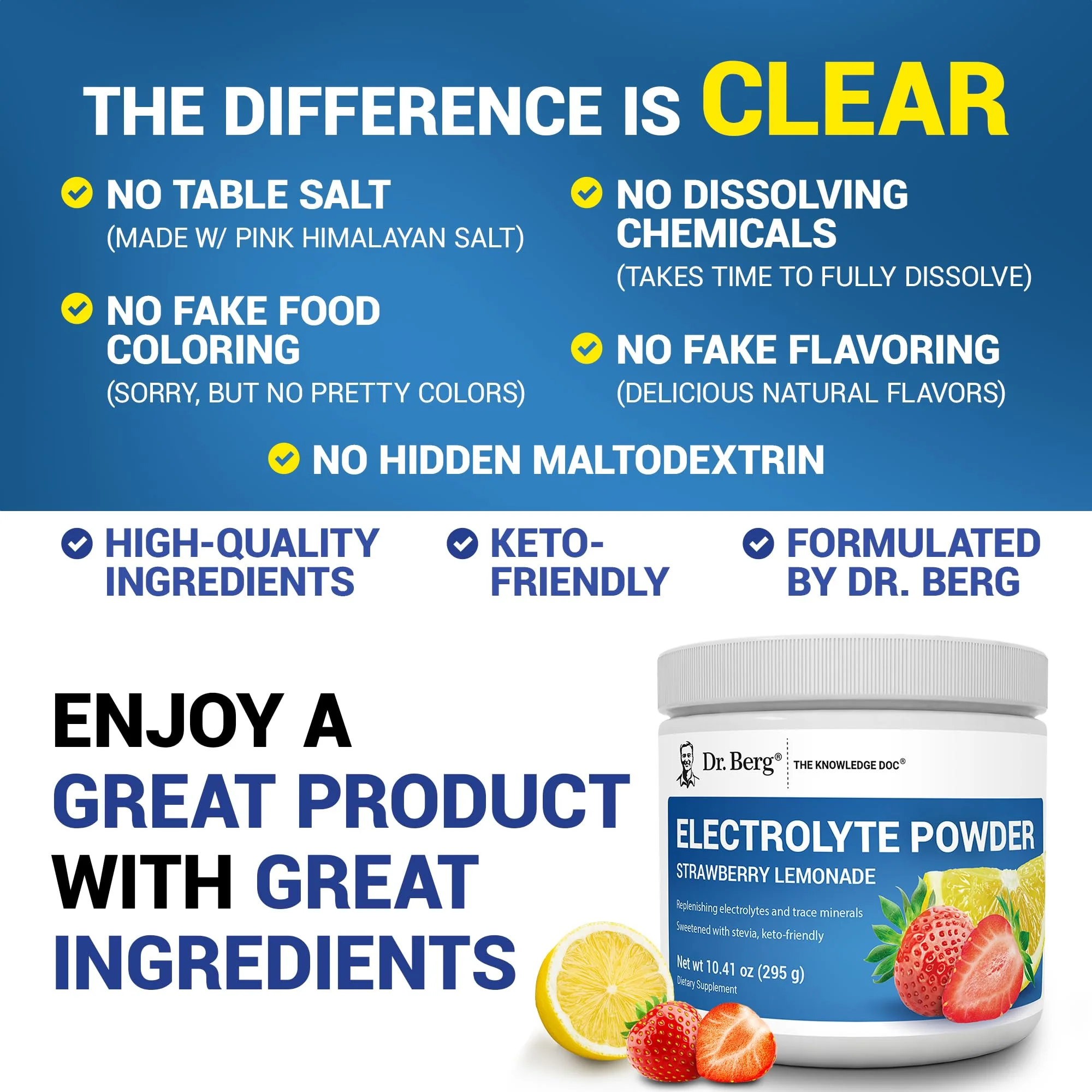 Dr. Berg Zero Sugar Hydration Keto Electrolyte Powder - Enhanced w/ 1000 mg of Potassium & Real Pink Himalayan Salt (NOT Table Salt) - Strawberry & Lemonade Hydration Drink Supplement - 50 Servings - Image 3