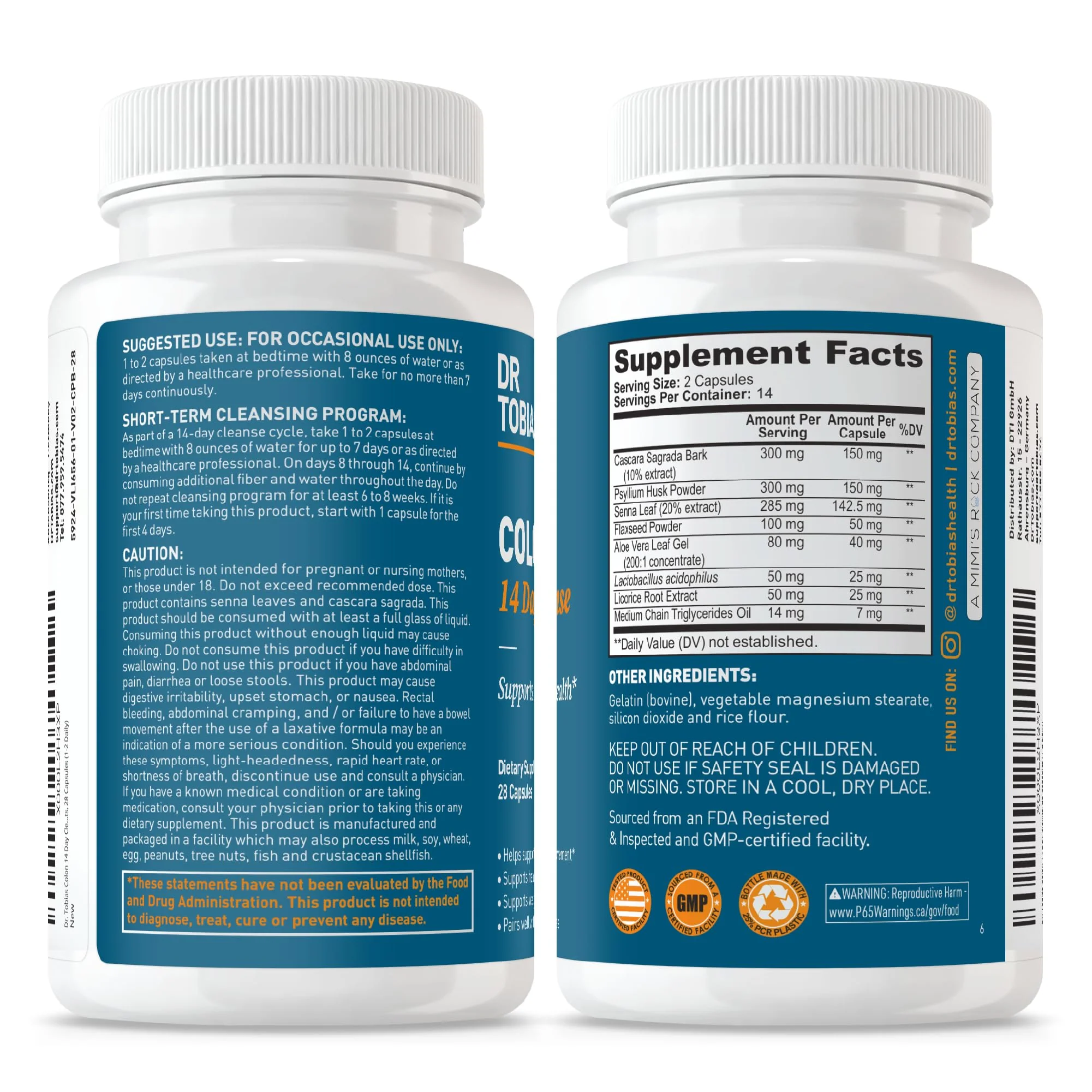 Dr. Tobias Colon 14 Day Cleanse, Advanced Gut Cleanse Detox for Women & Men with Cascara Sagrada, Psyllium Husk, Senna Leaf & Probiotics, Non-GMO Colon Cleanse, 2 Bottles of 28 Capsules (1-2 Daily) - Image 4