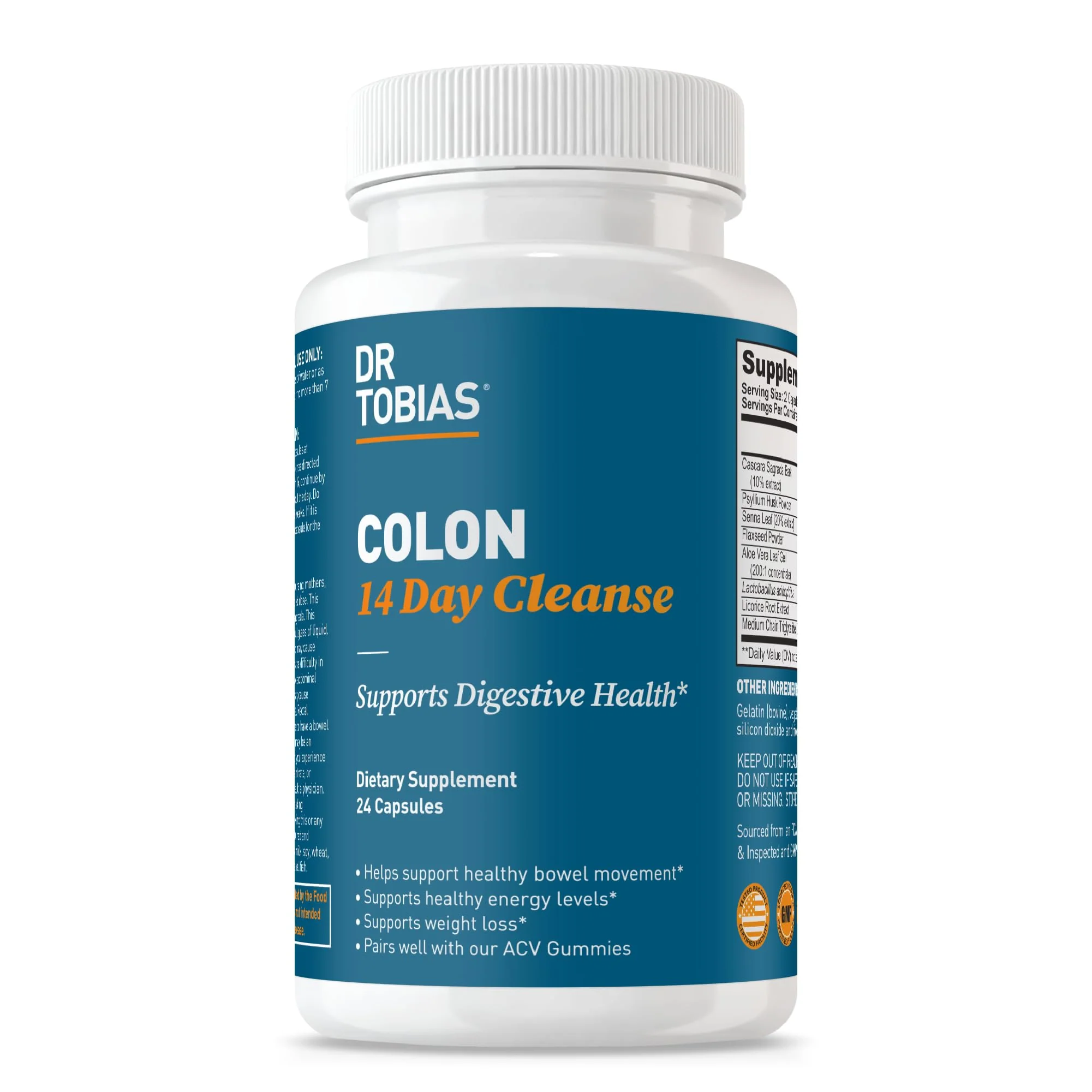 Dr. Tobias Colon 14 Day Cleanse, Advanced Gut Cleanse Detox for Women & Men with Cascara Sagrada, Psyllium Husk, Senna Leaf & Probiotics, Non-GMO Colon Cleanse, 24 Capsules, 1-2 Daily
