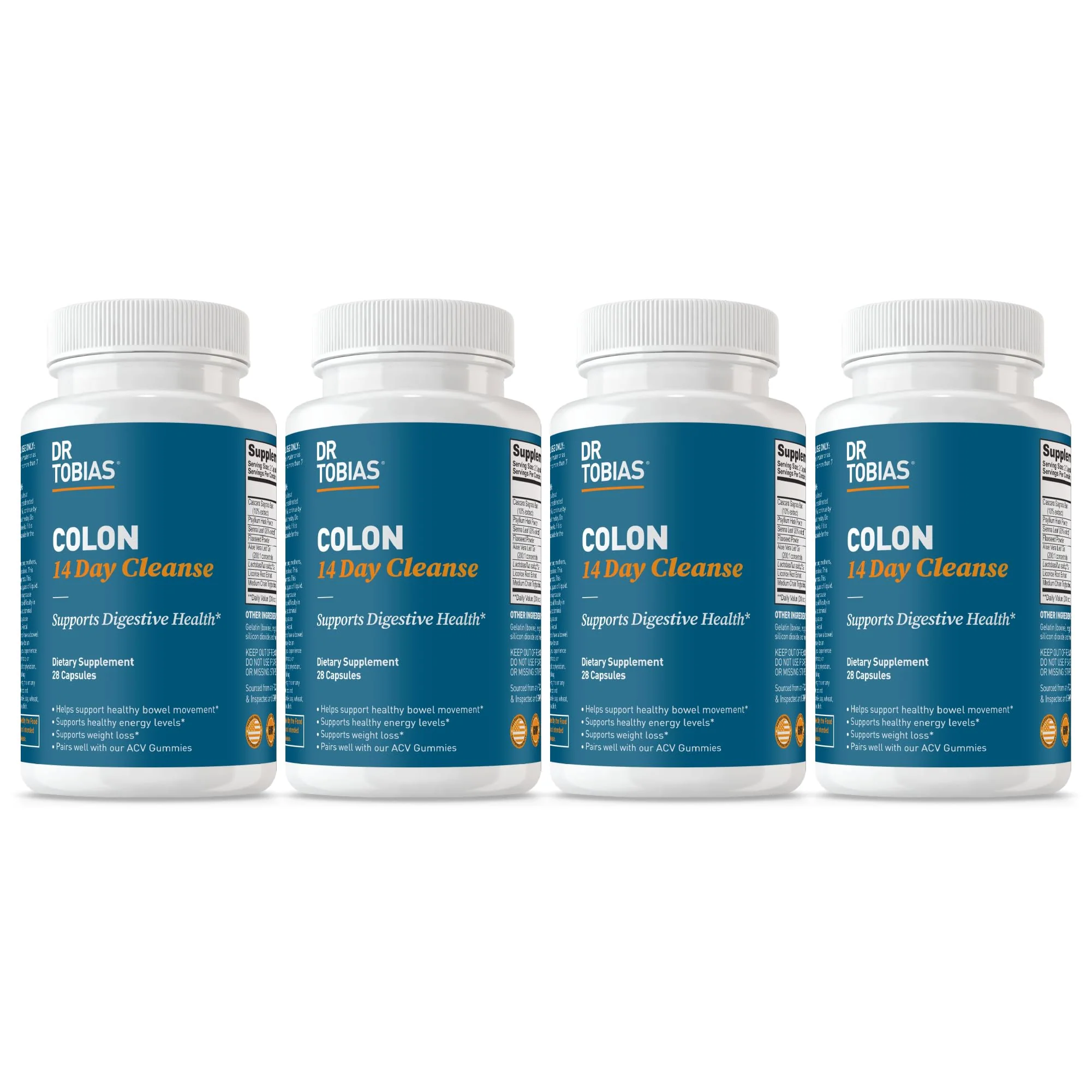 Dr. Tobias Colon 14 Day Cleanse, Advanced Gut Cleanse Detox for Women & Men with Cascara Sagrada, Psyllium Husk, Senna Leaf & Probiotics, Non-GMO Colon Cleanse, 4 Bottles of 28 Capsules (1-2 Daily)
