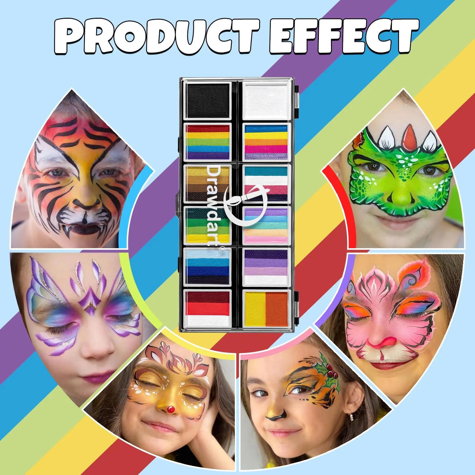 Drawdart Professional Face Painting Kit for Kids & Adults, Split Cake Face Paint Palette 12 x 10gm with Stencil, One Stroke Non Toxic Rainbow Body Paint Set for Halloween & Christmas Makeup - Image 2