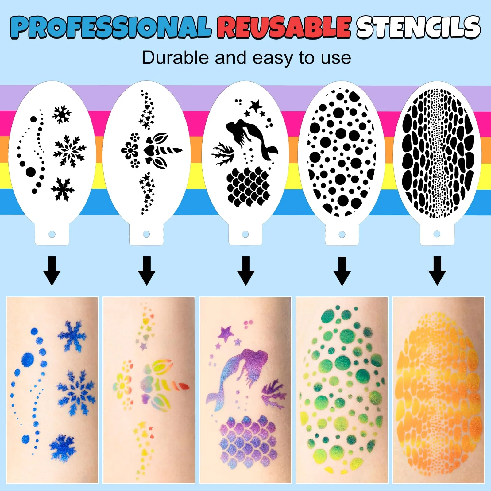 Drawdart Professional Face Painting Kit for Kids & Adults, Split Cake Face Paint Palette 12 x 10gm with Stencil, One Stroke Non Toxic Rainbow Body Paint Set for Halloween & Christmas Makeup - Image 4