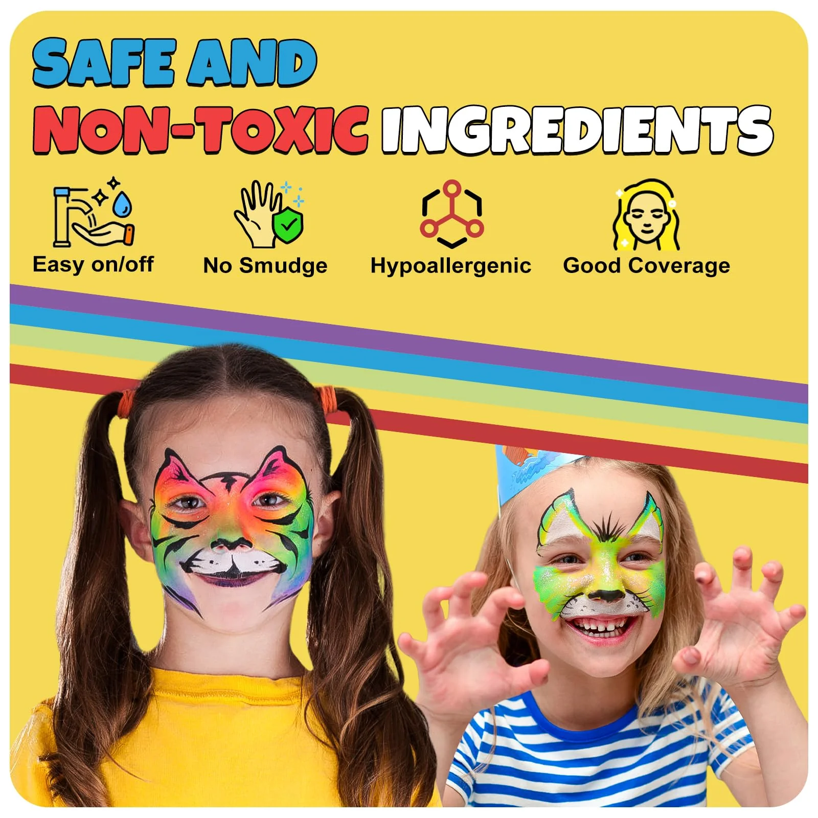 Drawdart Professional Face Painting Kit for Kids & Adults, Split Cake Face Paint Palette 12 x 10gm with Stencil, One Stroke Non Toxic Rainbow Body Paint Set for Halloween & Christmas Makeup - Image 9