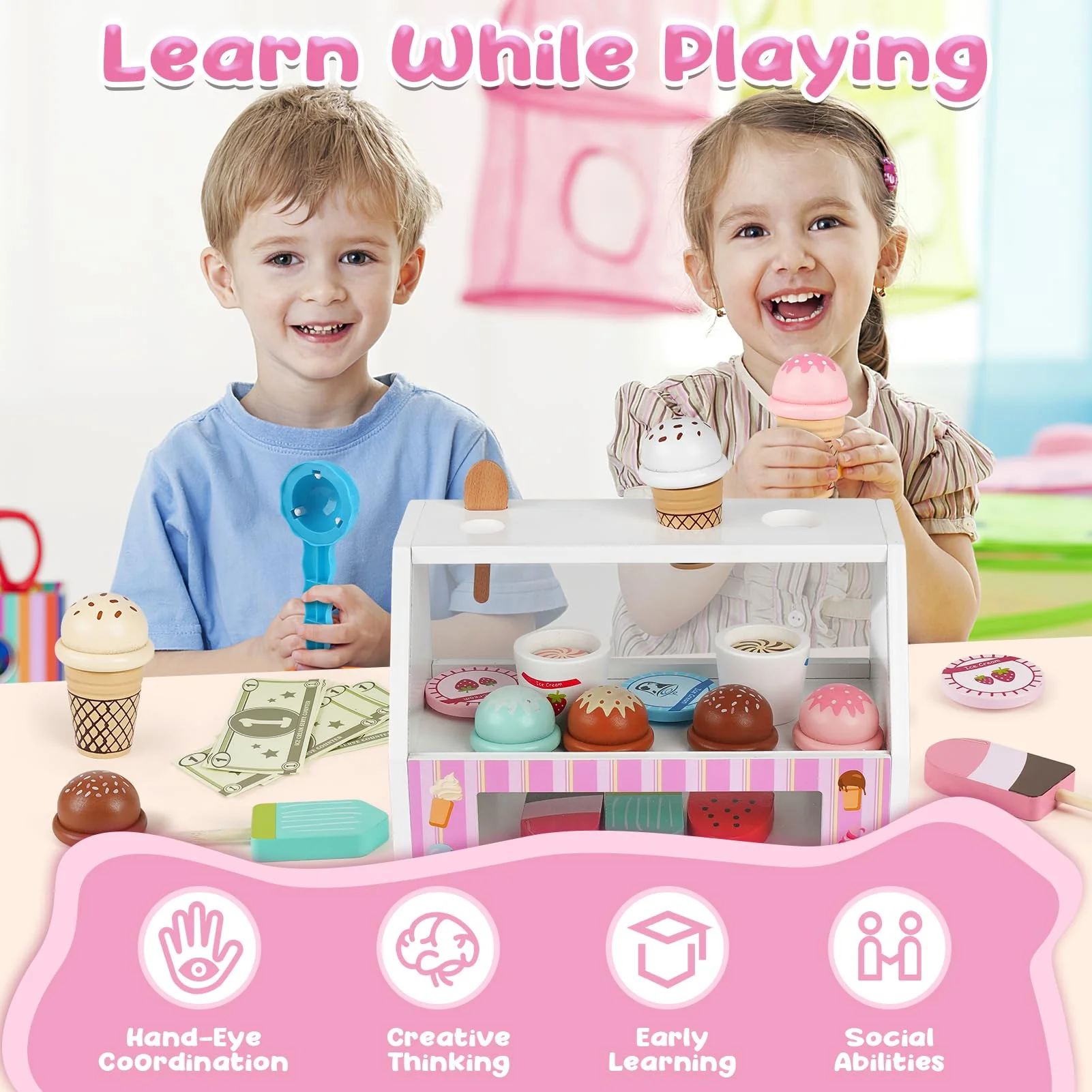 Dreamon Ice Cream Counter Playset for Kids, 38 PCS Wooden Ice Cream Set Shop for Toddlers 3-5, Toddler Pretend Play Toy, Christmas Birthday Gift for Boys and Girls - Image 3