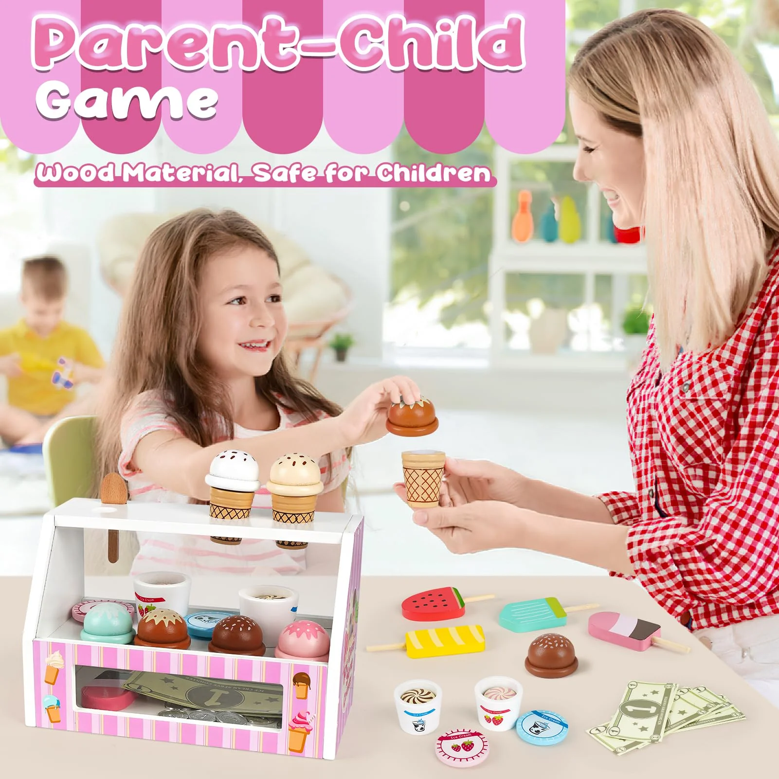 Dreamon Ice Cream Counter Playset for Kids, 38 PCS Wooden Ice Cream Set Shop for Toddlers 3-5, Toddler Pretend Play Toy, Christmas Birthday Gift for Boys and Girls - Image 4
