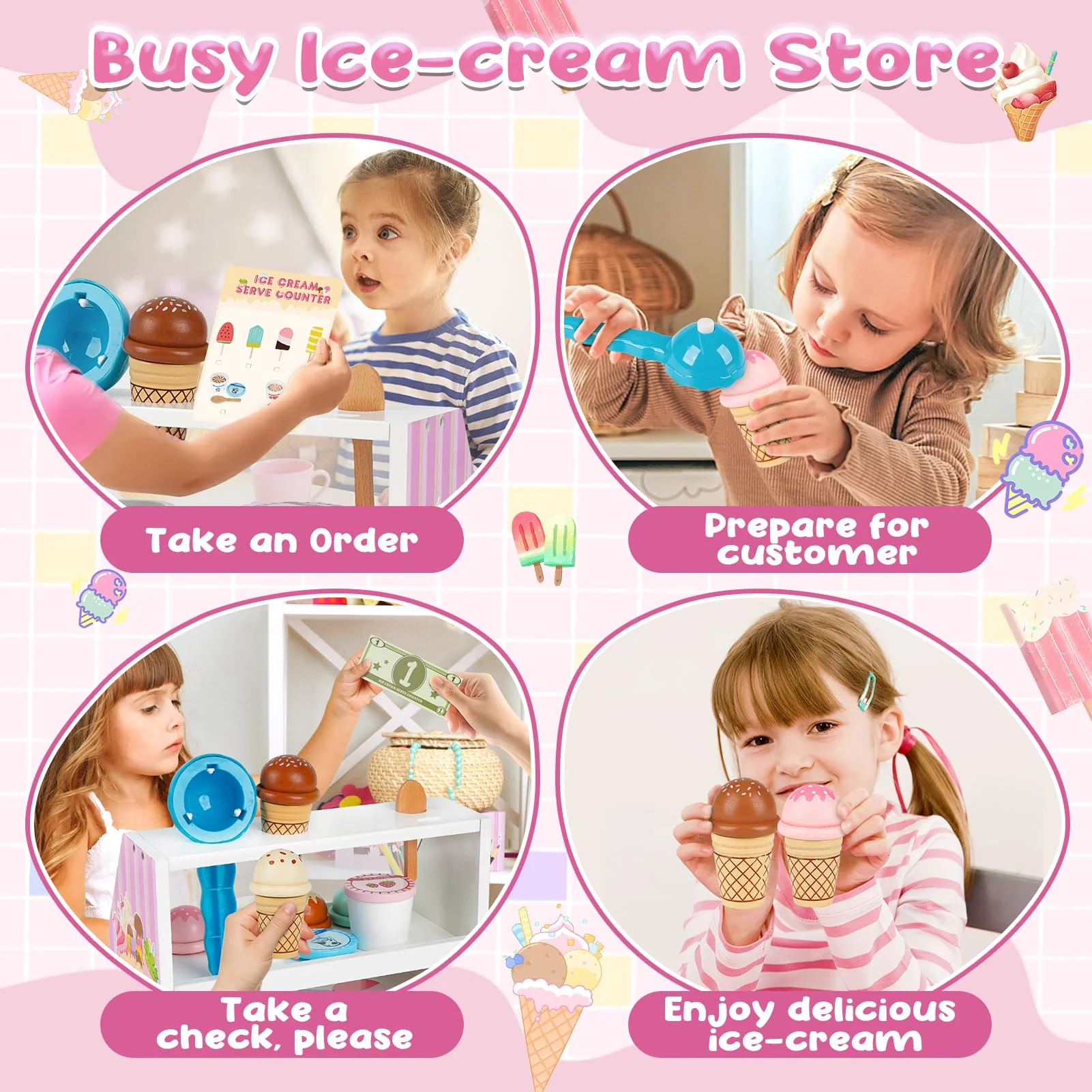 Dreamon Ice Cream Counter Playset for Kids, 38 PCS Wooden Ice Cream Set Shop for Toddlers 3-5, Toddler Pretend Play Toy, Christmas Birthday Gift for Boys and Girls - Image 6