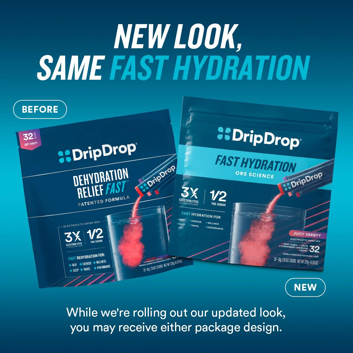 DripDrop Hydration Packets - Juicy Variety Pack - Single Serve Electrolytes Powder Drink Mix - Grape, Fruit Punch, Strawberry Lemonade, Cherry - Non-GMO, Gluten Free, Vegan - 32 Sticks - Image 6