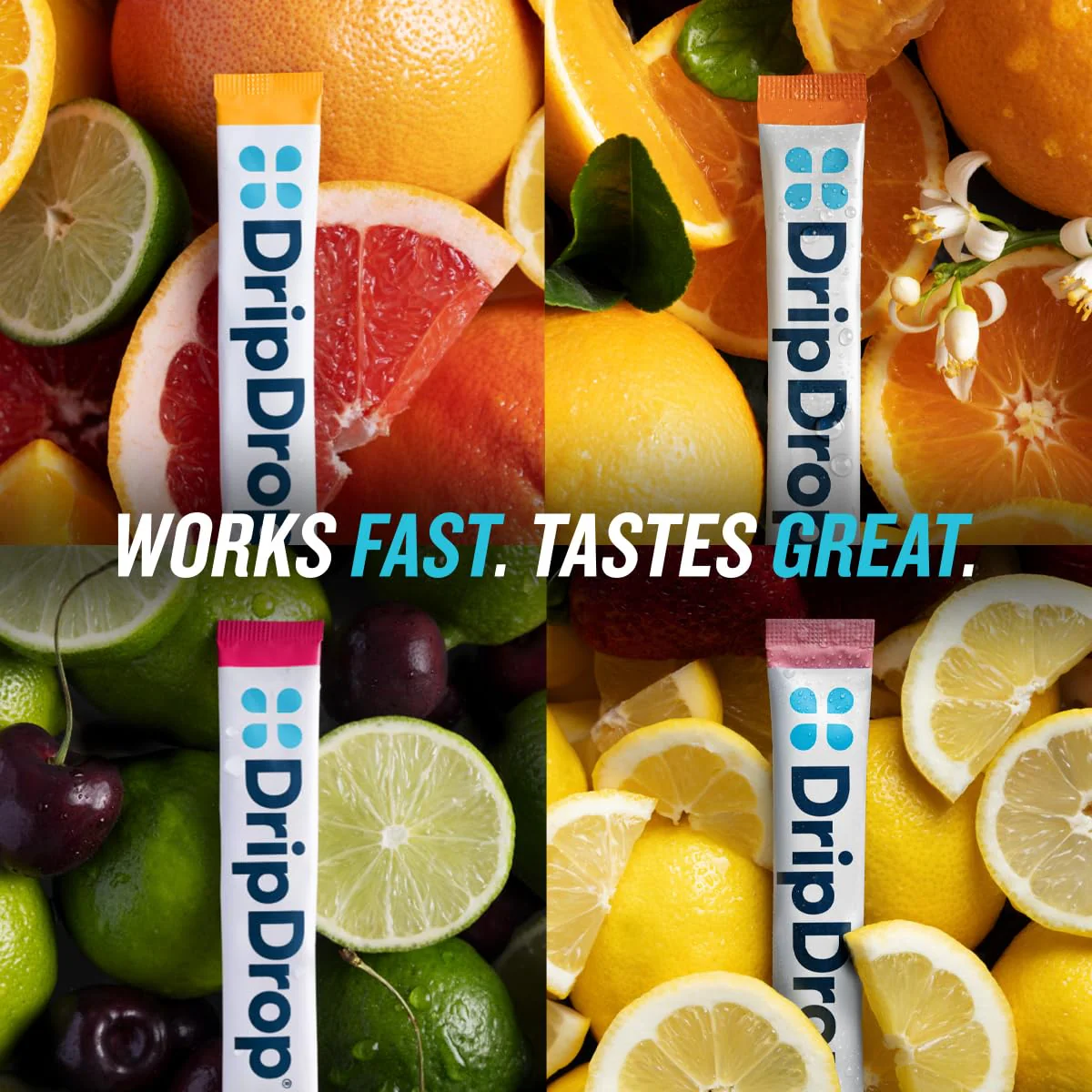 DripDrop Sugar Free Hydration Packets - Zero Citrus Variety Pack - Single Serve Electrolytes Powder Drink Mix - Cherry Limeade, Citrus, Orange, Strawberry Lemonade - Non-GMO, Gluten Free - 32 Sticks - Image 3