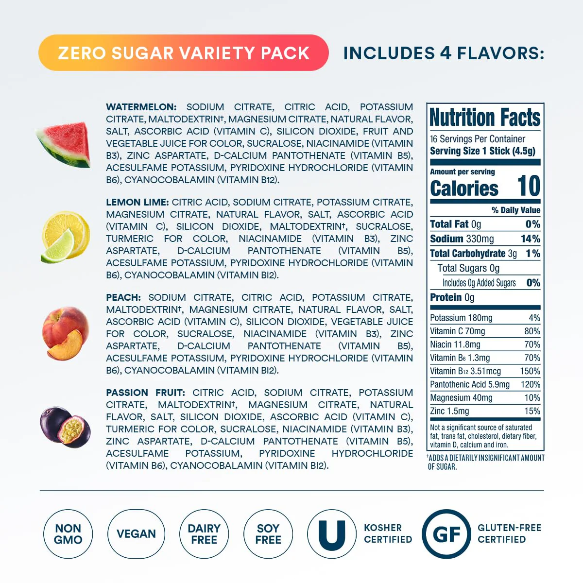 DripDrop Sugar Free Hydration Packets - Zero Classic Variety Pack - Single Serve Electrolytes Powder Drink Mix - Lemon Lime, Watermelon, Peach, Passion Fruit - Non-GMO, Gluten Free, Vegan - 16 Sticks - Image 6
