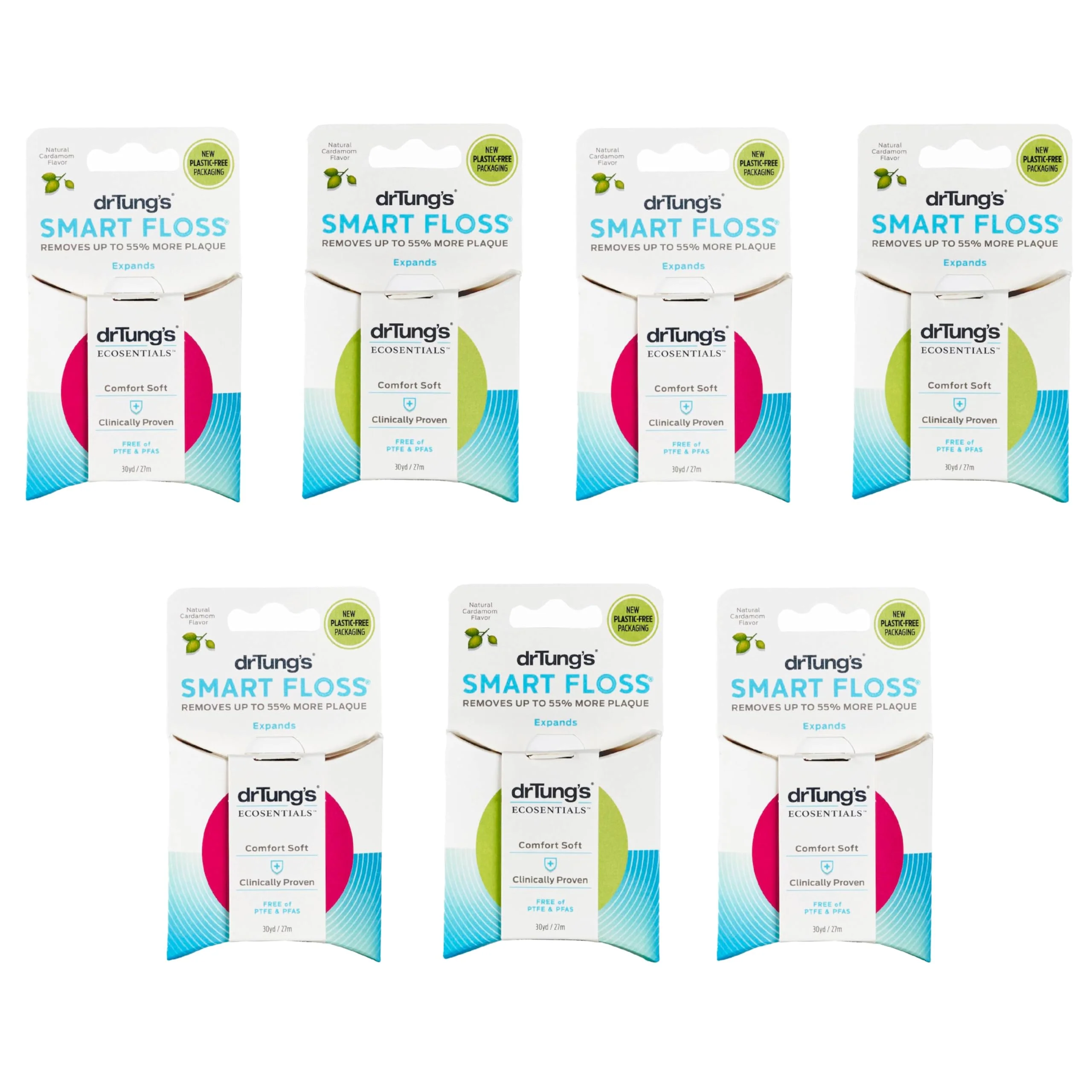 DrTung's Smart Floss - Natural Floss, PTFE & PFAS Free Floss, Gentle on Gums, Expands & Stretches, BPA Free - Natural Dental Floss Cardamom Flavor (Pack of 7)