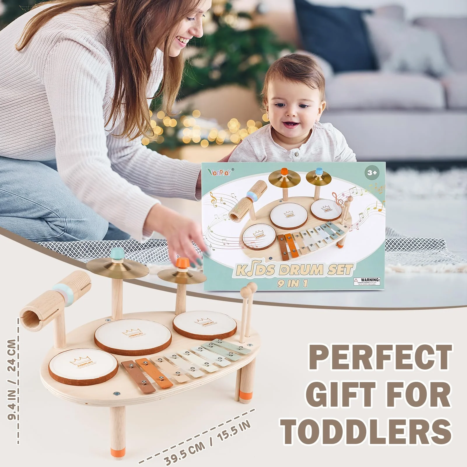 Drum Set for Toddler - Toys for 2 3 4 Year Old Girls Boy Gifts - 9 in 1 Wooden Montessori Musical Instruments with Xylophone for Kids 3-5, Christmas Birthday Gifts for Toddlers 2-4 - Image 3