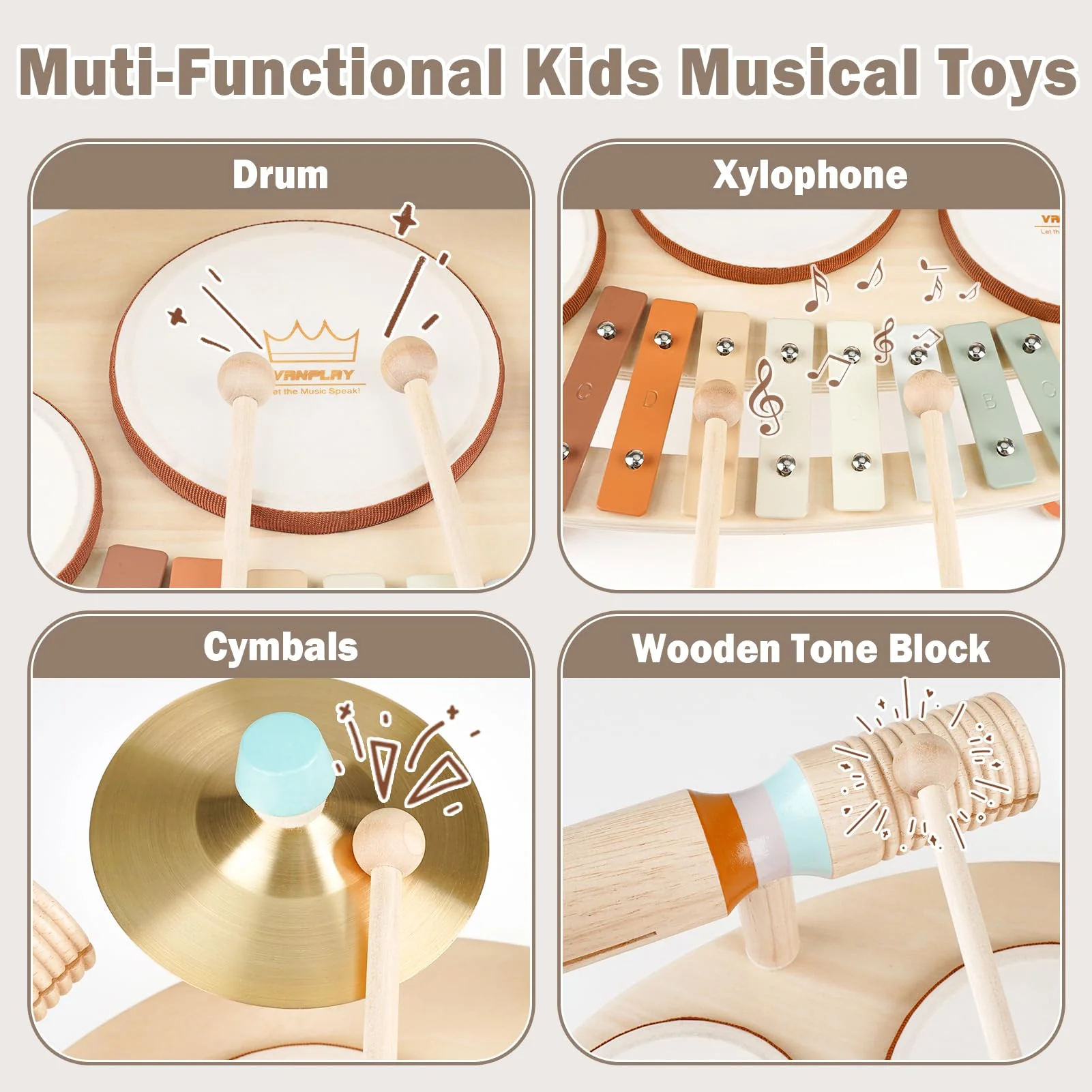Drum Set for Toddler - Toys for 2 3 4 Year Old Girls Boy Gifts - 9 in 1 Wooden Montessori Musical Instruments with Xylophone for Kids 3-5, Christmas Birthday Gifts for Toddlers 2-4 - Image 6