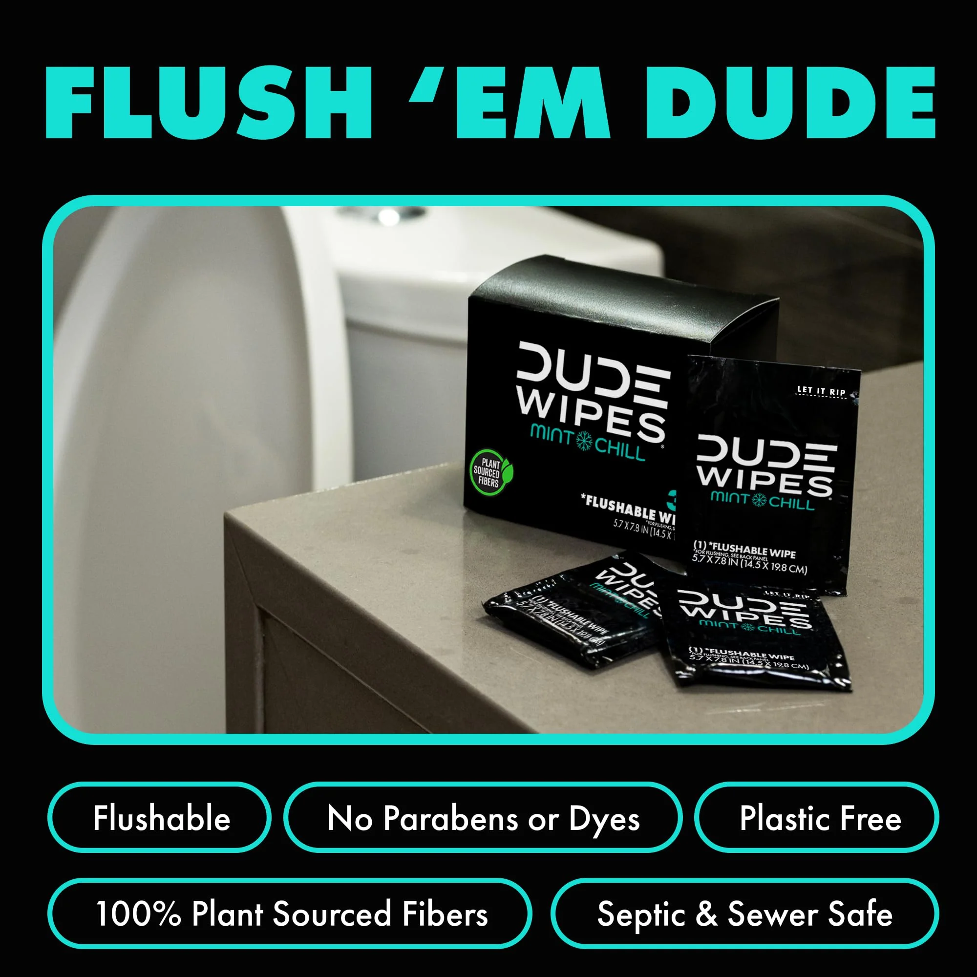 DUDE Wipes On-The-Go Flushable Wet Wipes - 30 Count, Pack of 2 - Mint Chill Extra-Large Individually Wrapped Wipes with Eucalyptus & Tea Tree Oil - Septic and Sewer Safe - Image 5