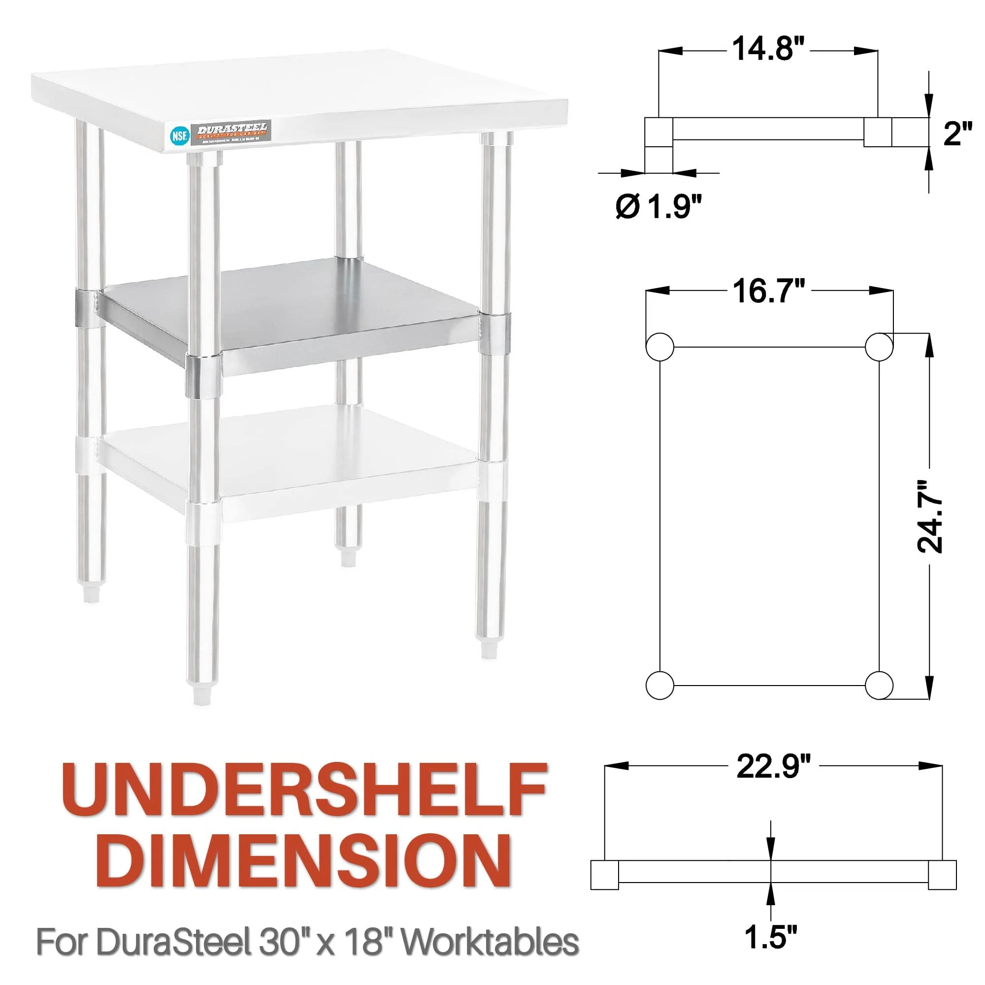 DuraSteel Galvanized Under Shelf for Work Tables - Extra Adjustable Lower Shelf for 30" x 18" Stainless Steel and Wooden Worktables - Fits for use in Restaurant, Warehouse, Home, Kitchen, Garage - Image 4