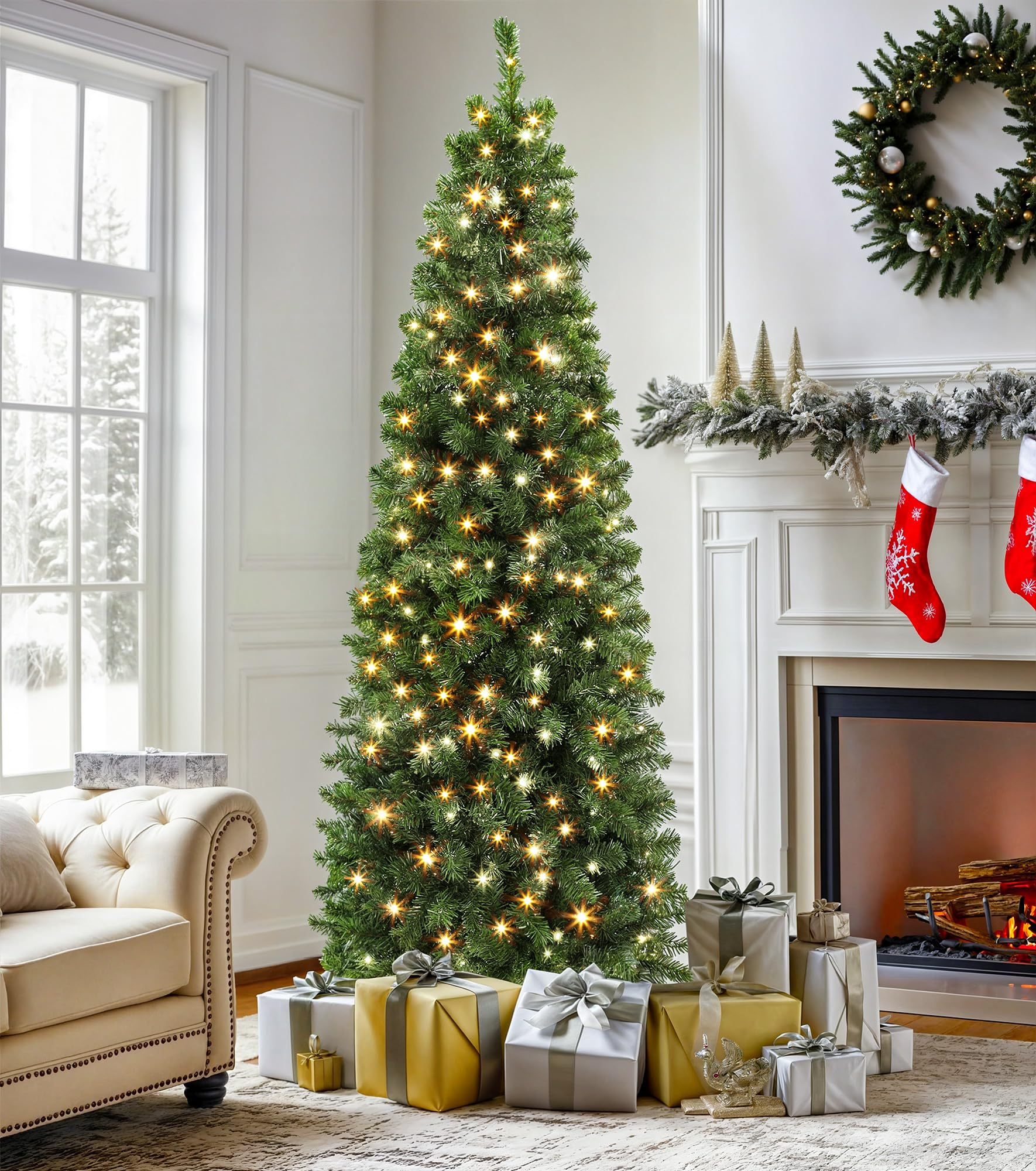 DWVO 7.5 FT Pre-Lit Slim Pencil Fraser Fir Artificial Christmas Tree with 350 Lights and 1000 Branch Tips, Green - Image 4