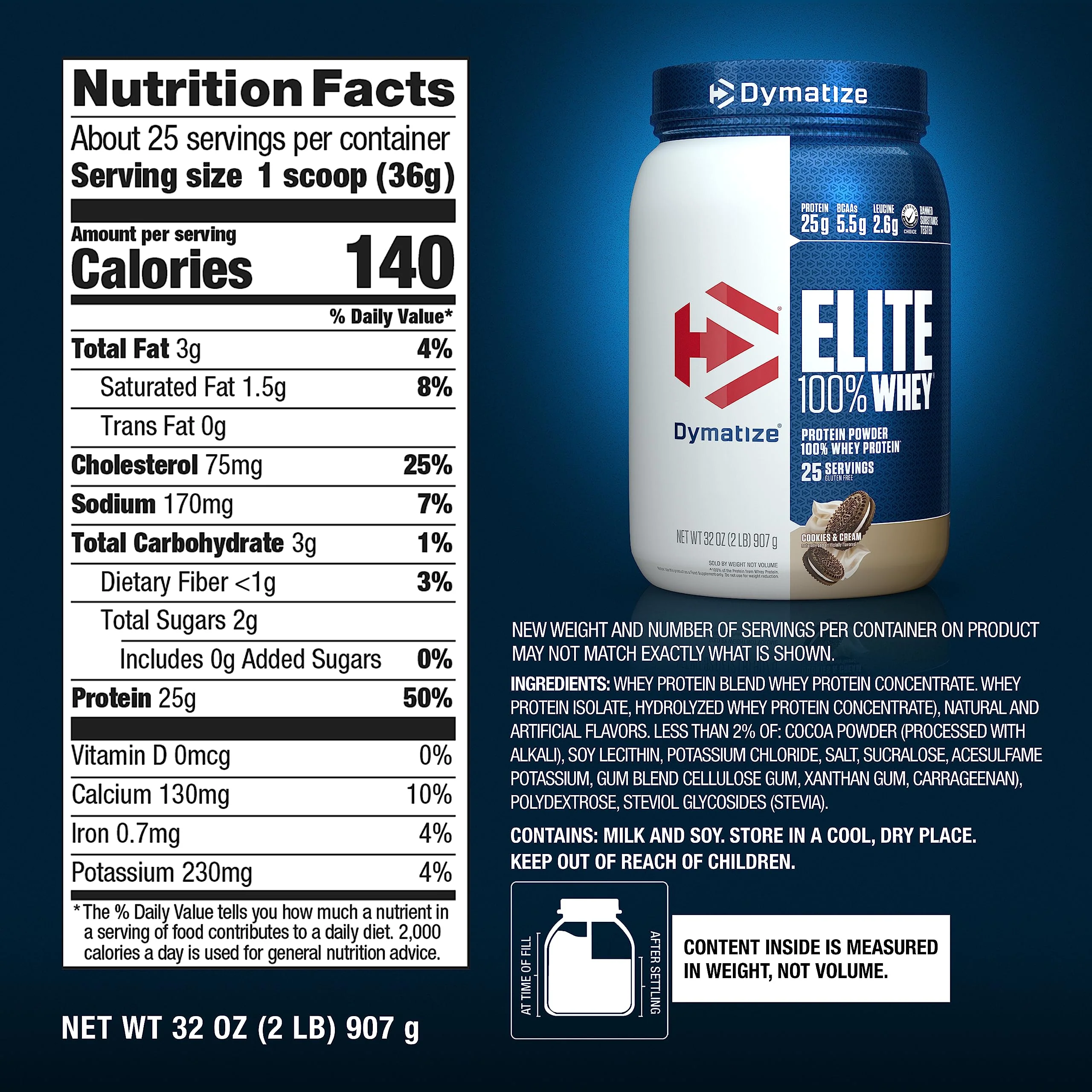 Dymatize Elite 100% Whey Protein Powder, Cookies & Cream, 25g of Protein, 5.5g BCAAs, Less Than 140 Cal., Gluten Free, 3g Carb, 2g Sugar, 3g Fat (25 Servings) - Image 5