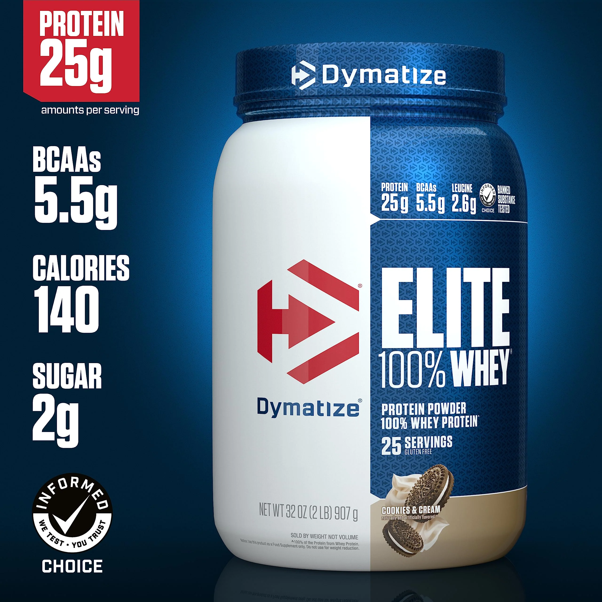 Dymatize Elite 100% Whey Protein Powder, Cookies & Cream, 25g of Protein, 5.5g BCAAs, Less Than 140 Cal., Gluten Free, 3g Carb, 2g Sugar, 3g Fat (25 Servings) - Image 8