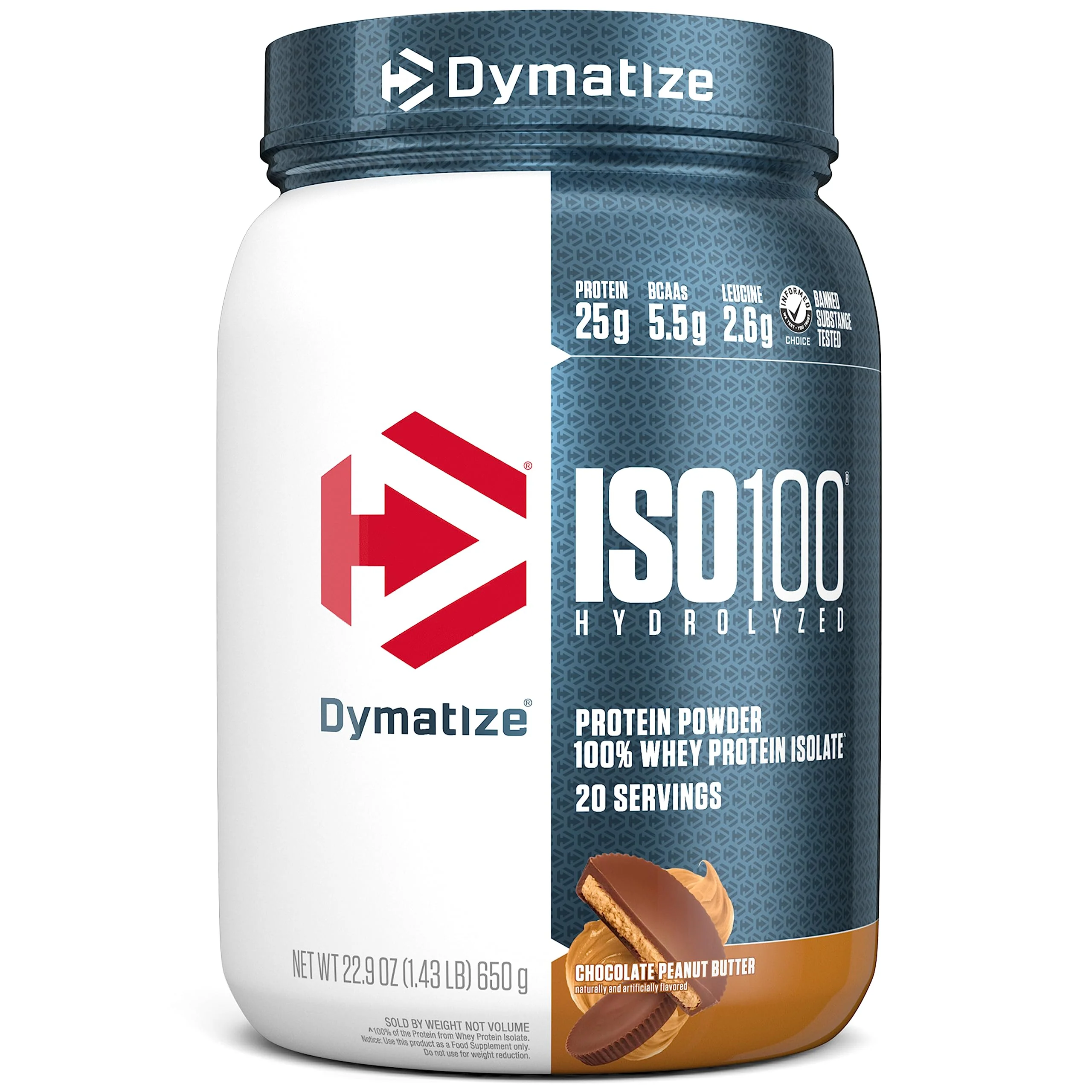 Dymatize ISO100 Whey Protein Powder Isolate, Chocolate Peanut Butter, 25g of Protein, 20 Servings, 5.5g BCAAs, Less Than 120 Cal., Gluten Free, 1g Fat, 1g Sugar, 2g Carb