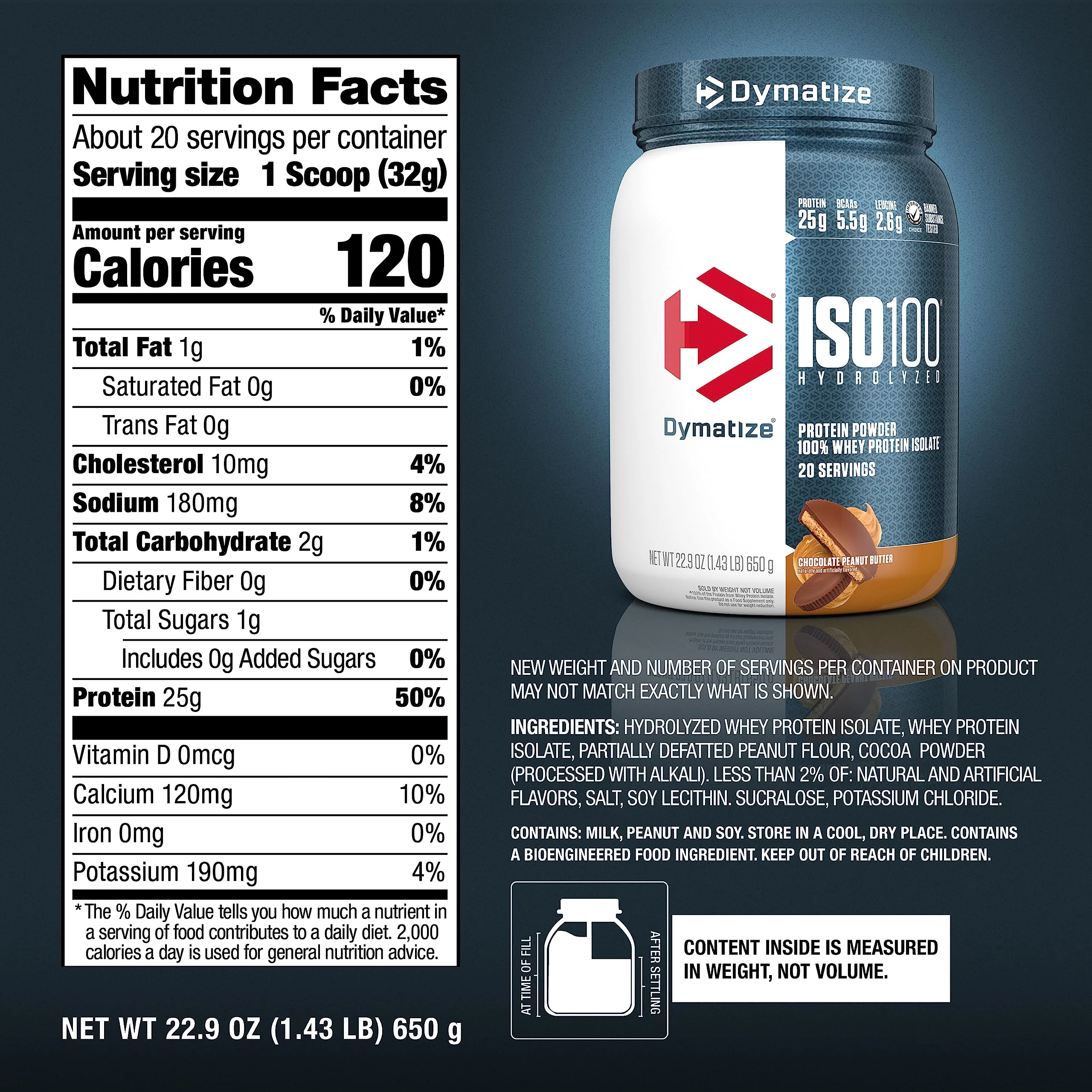 Dymatize ISO100 Whey Protein Powder Isolate, Chocolate Peanut Butter, 25g of Protein, 20 Servings, 5.5g BCAAs, Less Than 120 Cal., Gluten Free, 1g Fat, 1g Sugar, 2g Carb - Image 2