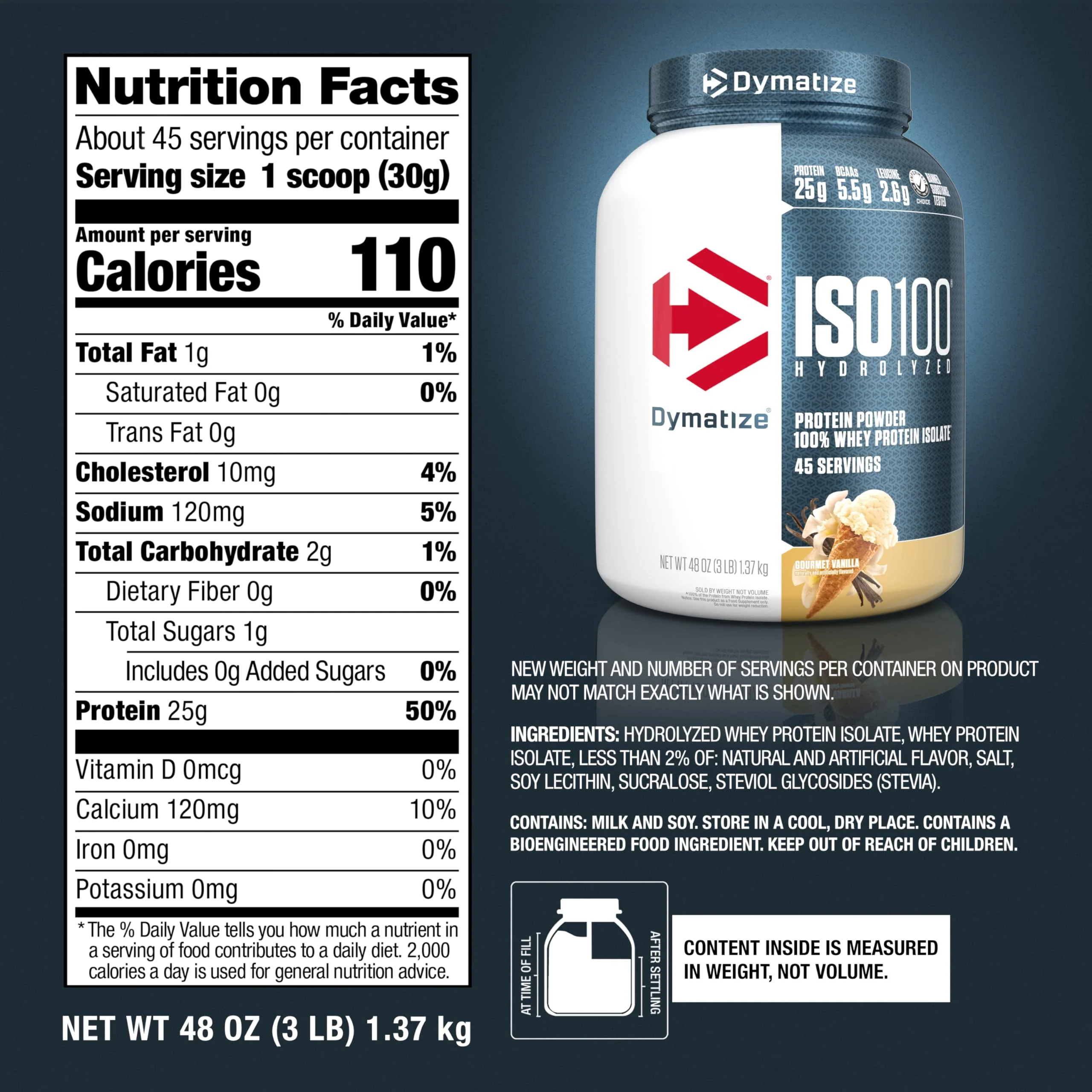 Dymatize ISO100 Whey Protein Powder Isolate, Vanilla, 25g of Protein, 3 Pound, 5.5g BCAAs, Less Than 120 Cal., Gluten Free, 1g Fat, 1g Sugar, 2g Carb (45 Servings) - Image 6
