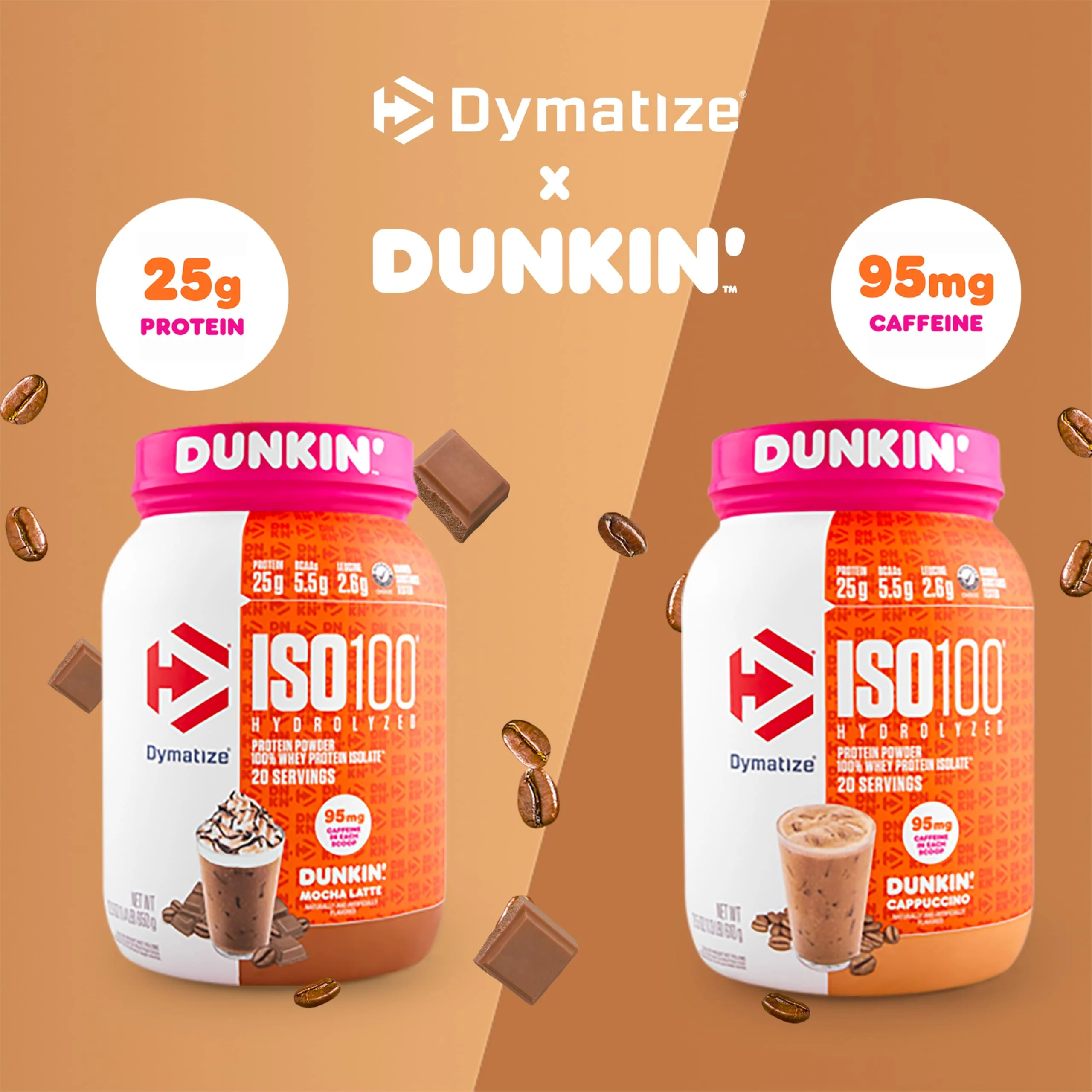 Dymatize x Dunkin' Cappuccino ISO100 Whey Protein Powder, 95mg Caffeine, 25g of Protein, 20 Servings, 5.5g BCAAs, 120 Cal., Gluten Free, 1g Fat, 1g Sugar, 2g Carb - Image 7