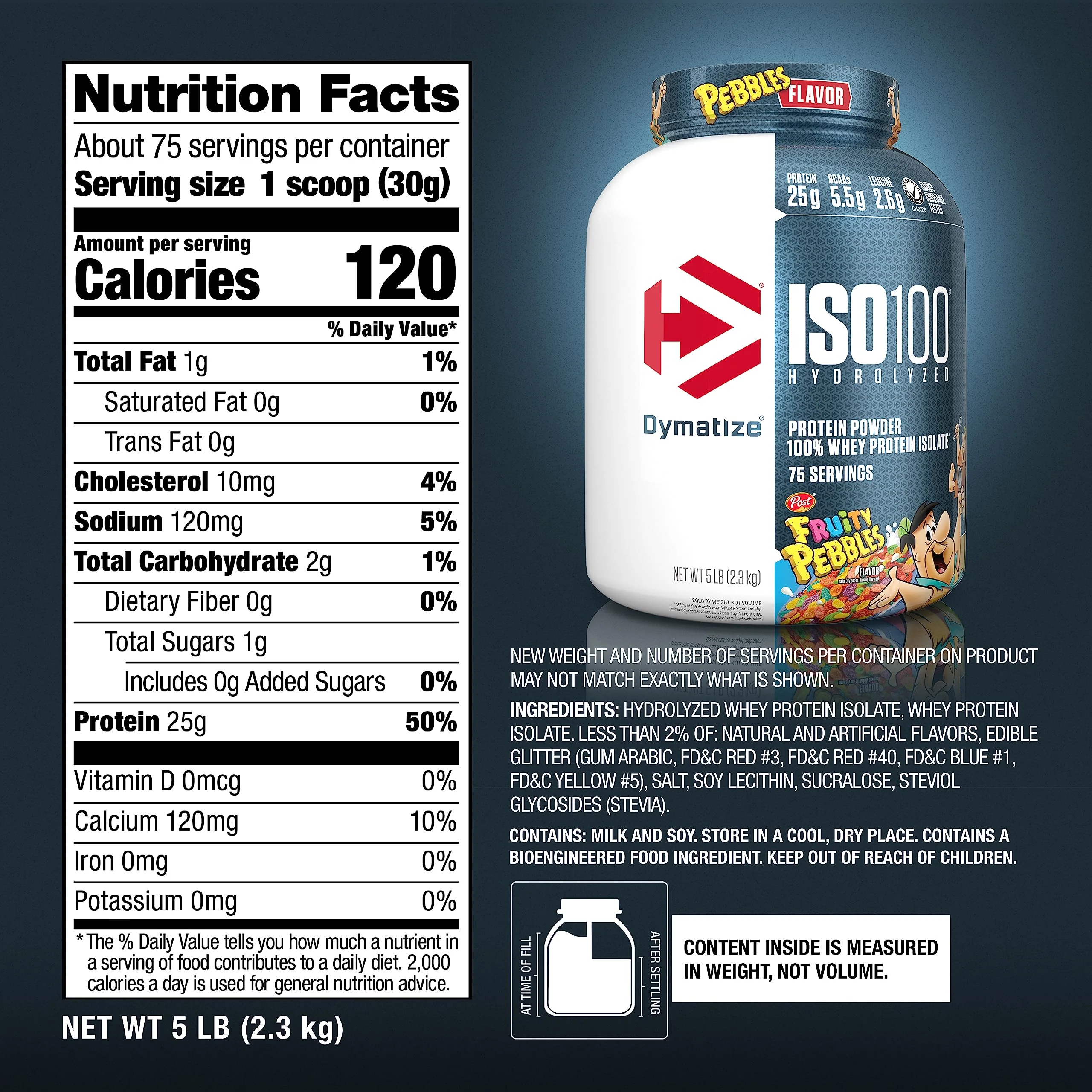 Dymatize x Fruity Pebbles ISO100 Whey Protein Powder Isolate, 25g of Protein, 5.5g BCAAs, 120 Cal., Gluten Free, 1g Fat, 1g Sugar, 2g Carb (75 Servings) - Image 3