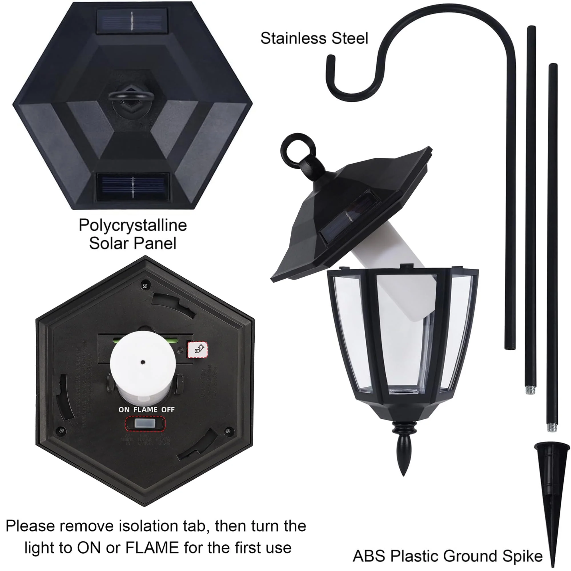 Dynaming 2 Pack Solar Flame Hanging Lights Outdoor, Halloween Solar Flickering Flame LED Garden Lanterns with 2 x 38 Inch Shepherd Hooks, Christmas Lighting for Lawn Patio Yard Pathway Driveway - Image 5