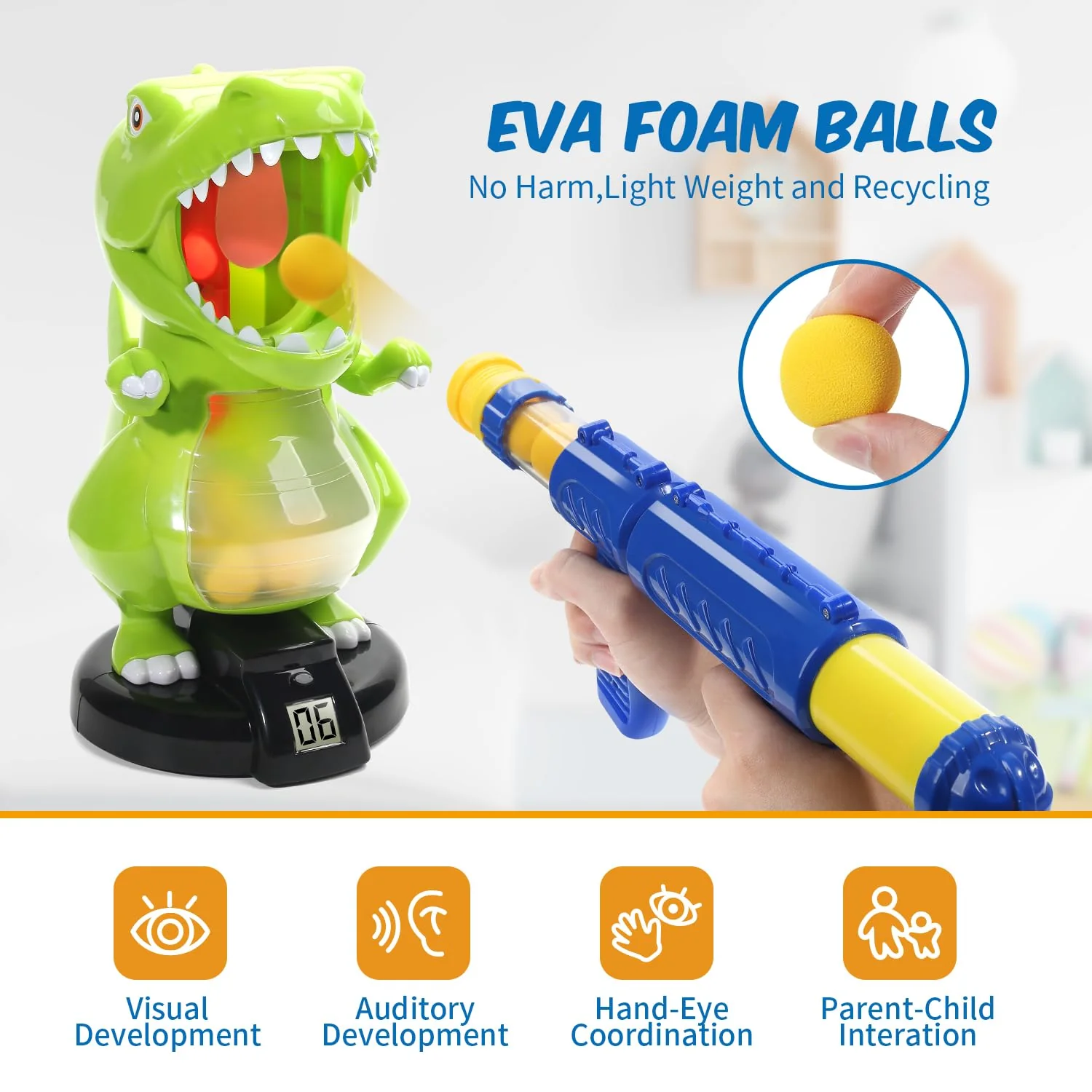 EagleStone Dinosaur Shooting Toys for Boys 5 6 7 8 9 Years Old, Electronic Kids Target Games w/ Air Pump Gun, LCD Score Record, Sound, 24 Foam Balls, Birthday Party Favor,Christmas Gifts for Toddlers - Image 7