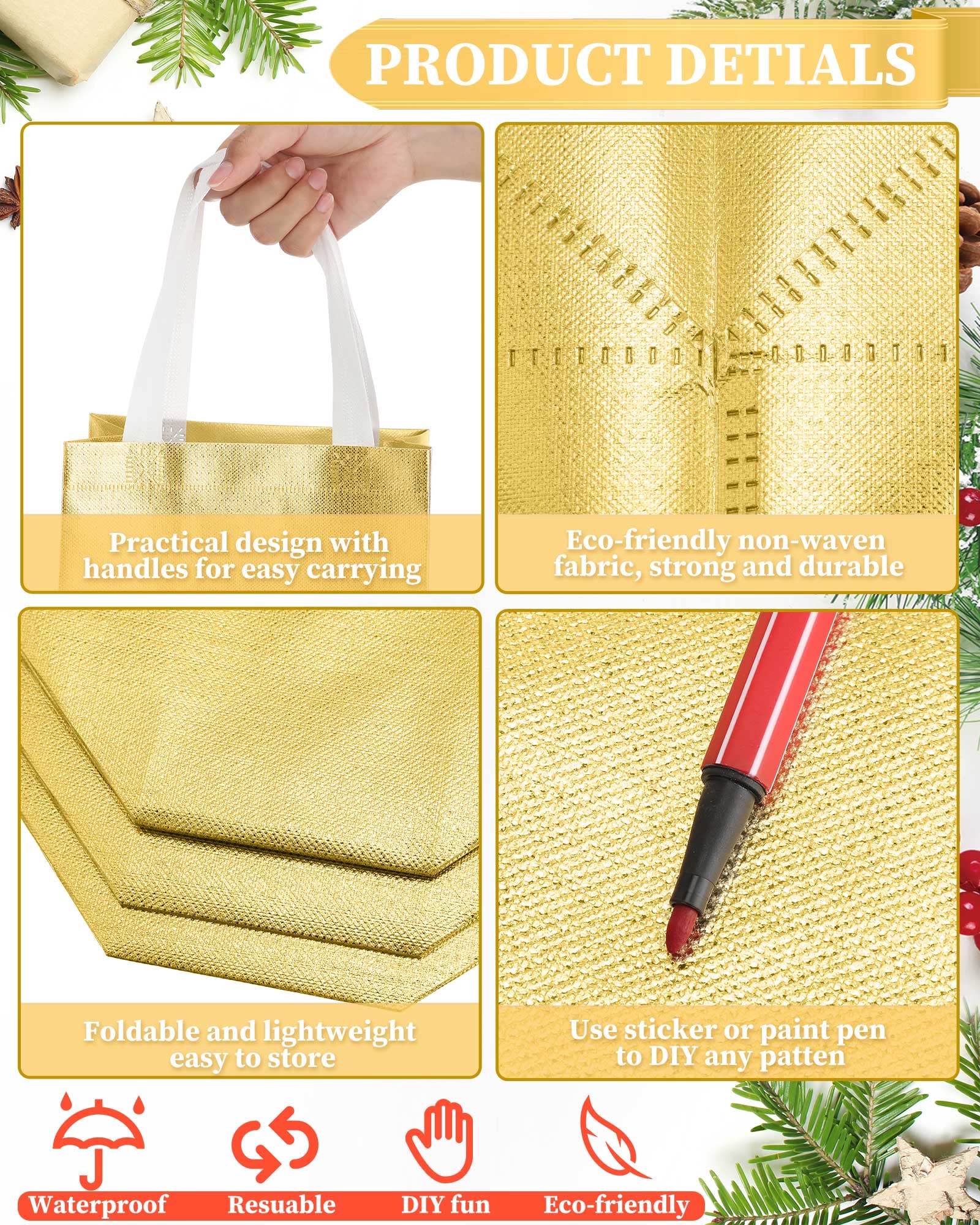 Eccliy 80 Pieces Gift Bags Set Glossy Reusable Tote with Handles Grocery Bags for Wedding, Halloween, Thanksgiving, Christmas(Medium,Gold) - Image 5