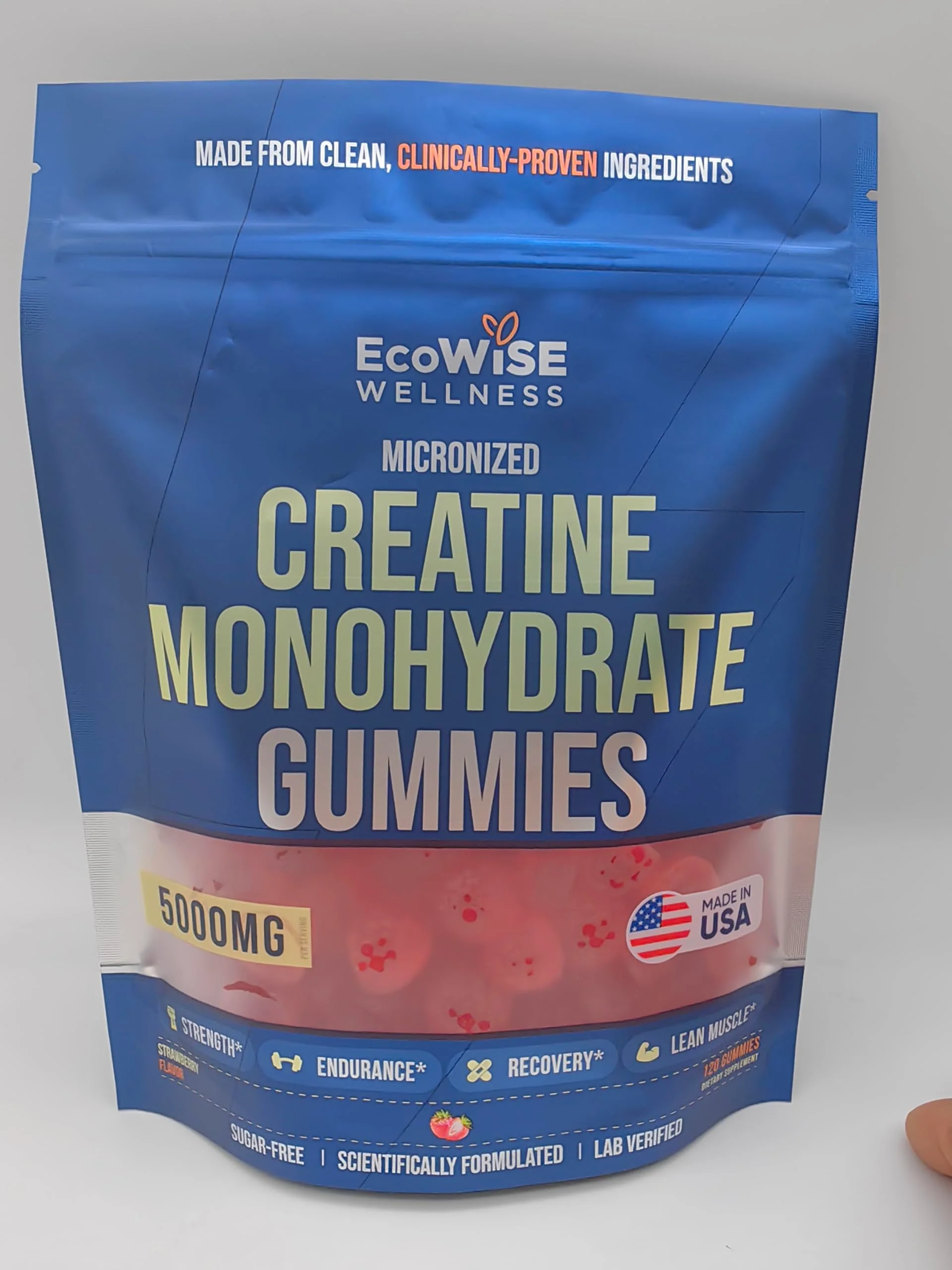 EcoWise Wellness Creatine Monohydrate Gummies 5000 mg, Strawberry Flavor, 120 Sugar-Free Vegan Chews, Creatine Supplement for Daily Routine - Image 3
