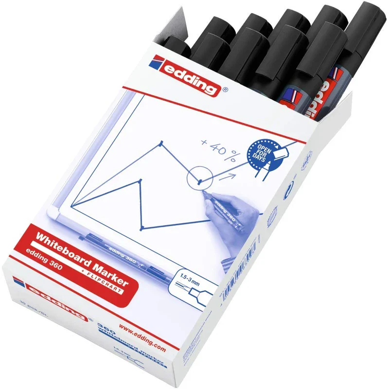 edding 360 whiteboard marker - black - 10 whiteboard pens - round tip 1.5-3 mm - whiteboard pen dry wipe - for whiteboards, flipcharts, pinboards, magnetic and memo boards - sketchnotes - refillable - Image 2