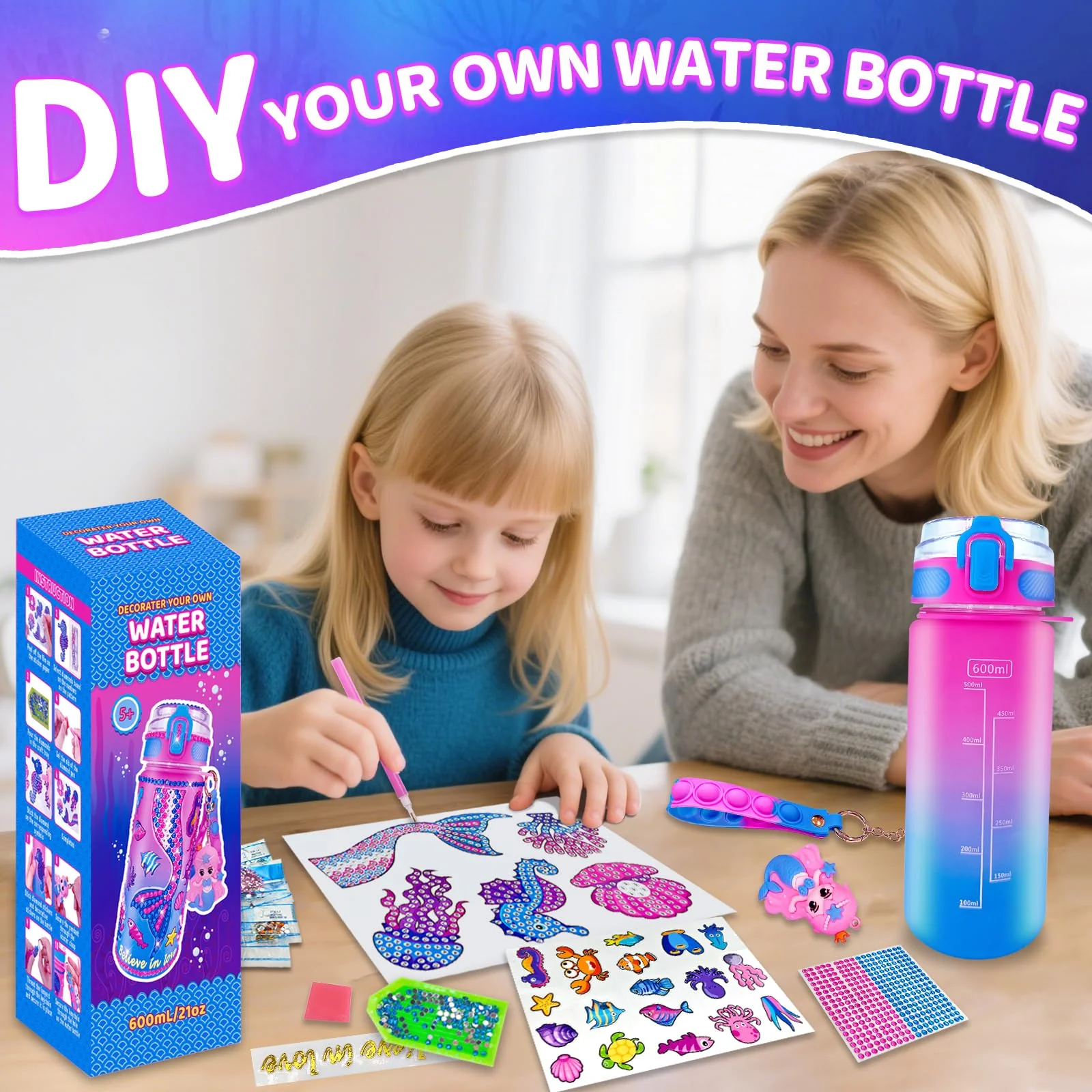 EDsportshouse Decorate Your Own Water Bottle Kits for Girls Age 4-6-8-10,Mermaid Painting Crafts,Fun Arts and Crafts Gifts Toys for Girls Birthday Christmas(Mermaid) - Image 6