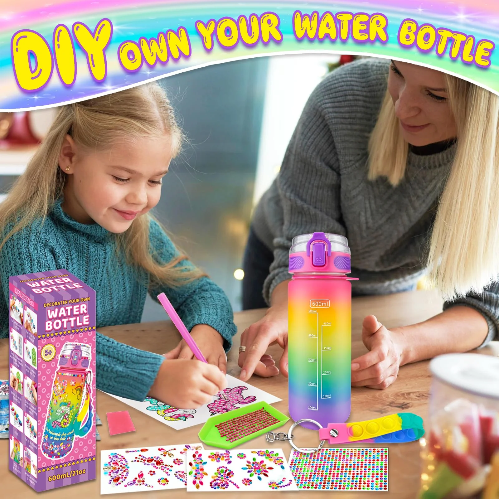 EDSPORTSHOUSE Decorate Your Own Water Bottle Kits for Girls Age 4-6-8-10,Unicorn Painting Crafts,Fun Arts and Crafts Gifts Toys for Girls Birthday Christmas(Unicorn) - Image 6