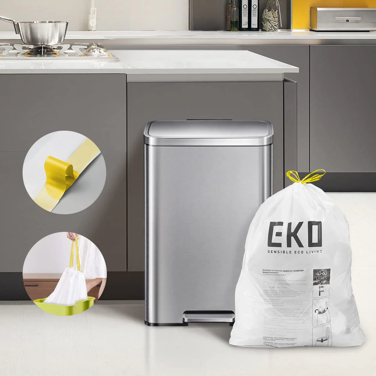 EKO 13 Gallon / 40-60 Liter Drawstring Trash Bags, Extra-Strong Unscented Garbage Bags, 60 Count Easy-Dispense Roll for Kitchen & Household Use, Leak-Resistant, Code F, White