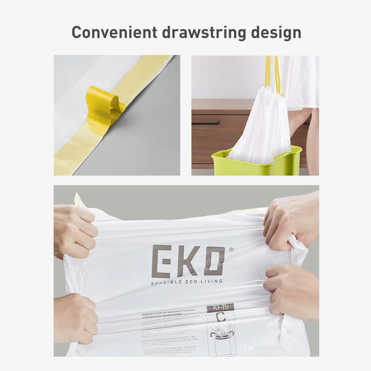 EKO 13 Gallon / 40-60 Liter Drawstring Trash Bags, Extra-Strong Unscented Garbage Bags, 60 Count Easy-Dispense Roll for Kitchen & Household Use, Leak-Resistant, Code F, White - Image 5
