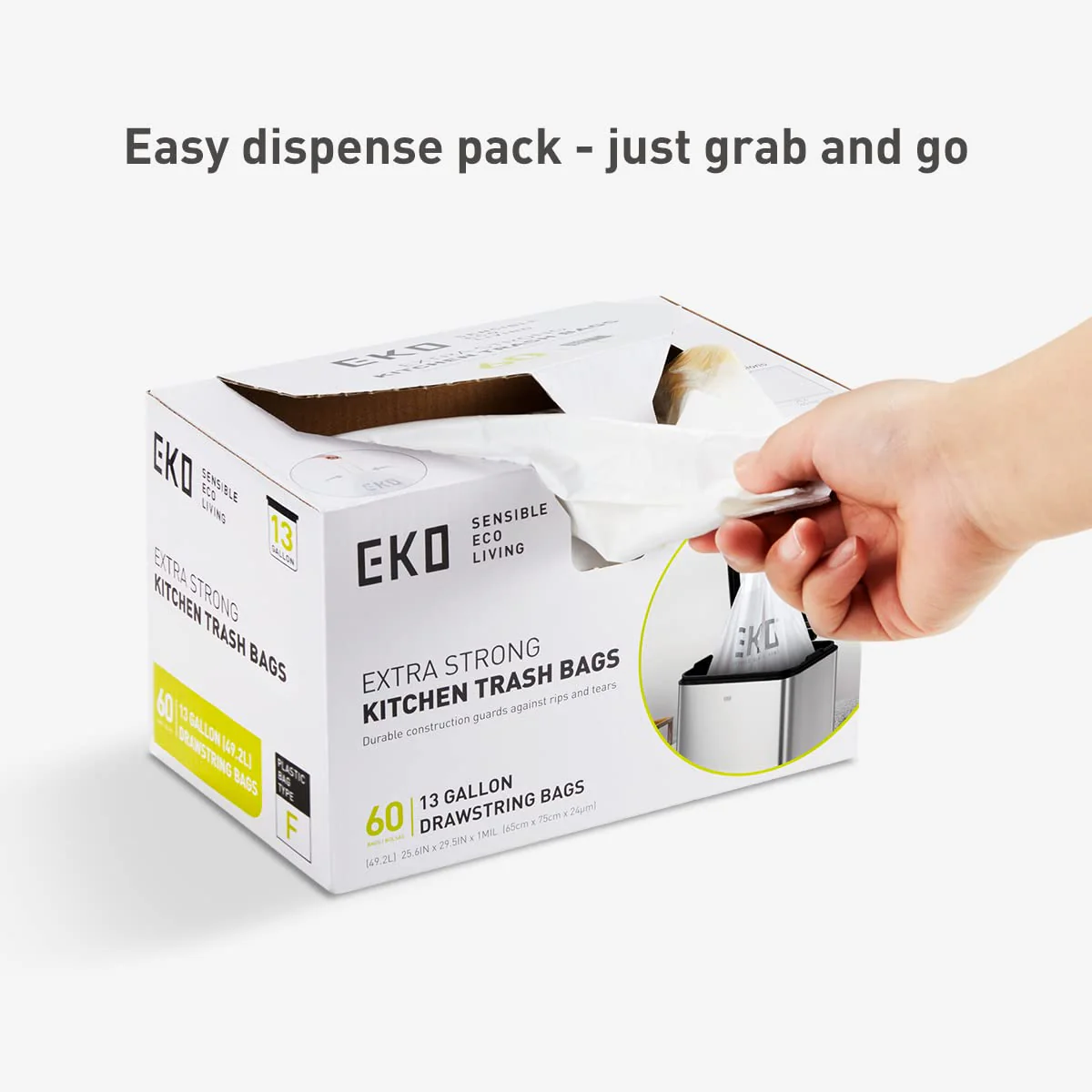 EKO 13 Gallon / 40-60 Liter Drawstring Trash Bags, Extra-Strong Unscented Garbage Bags, 60 Count Easy-Dispense Roll for Kitchen & Household Use, Leak-Resistant, Code F, White - Image 6