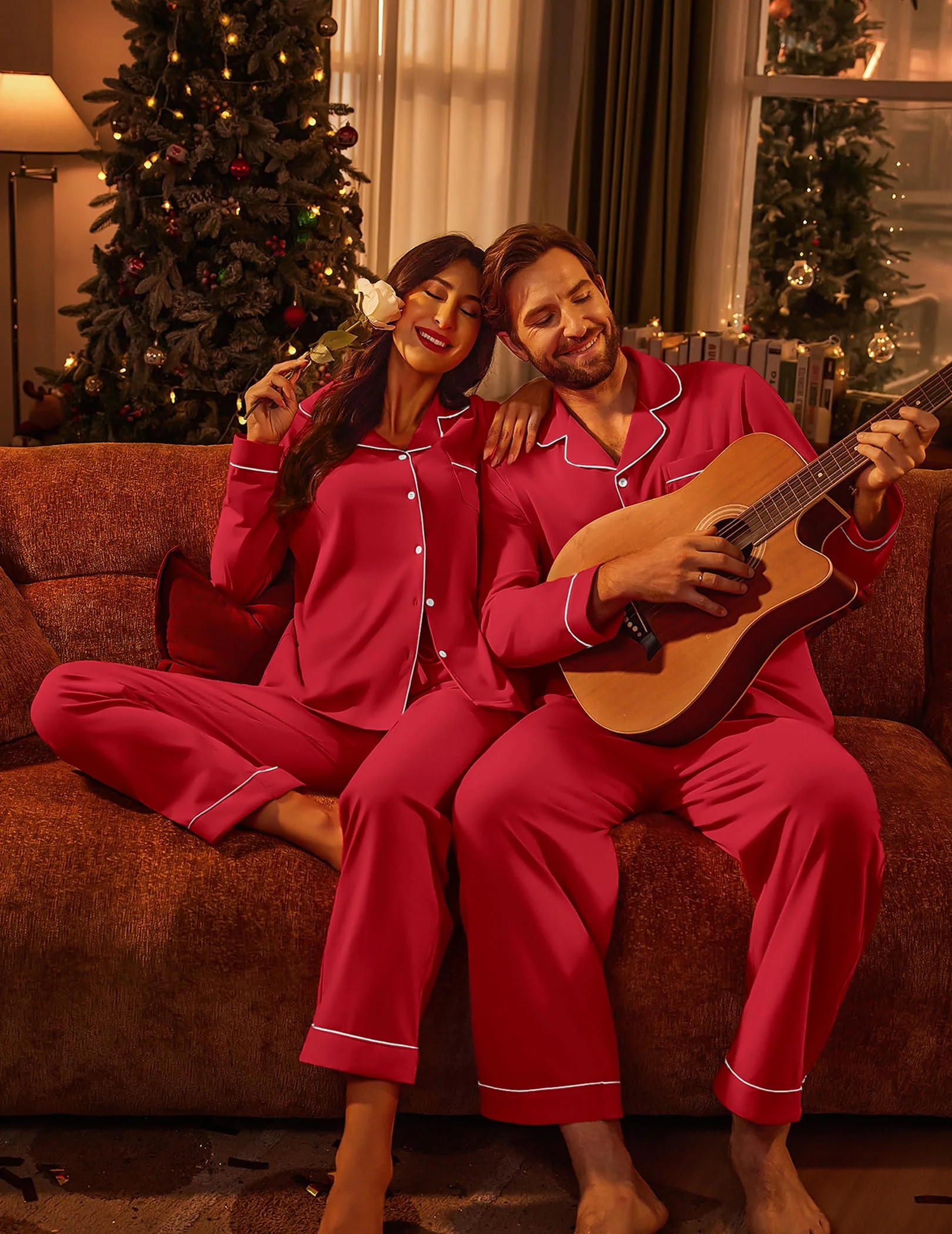 Ekouaer Men's Pajama Set Winter Long Pjs Couples Adults Christmas Sleepwear Lightweight 100% Cotton Lounge Set,Red,XL - Image 4