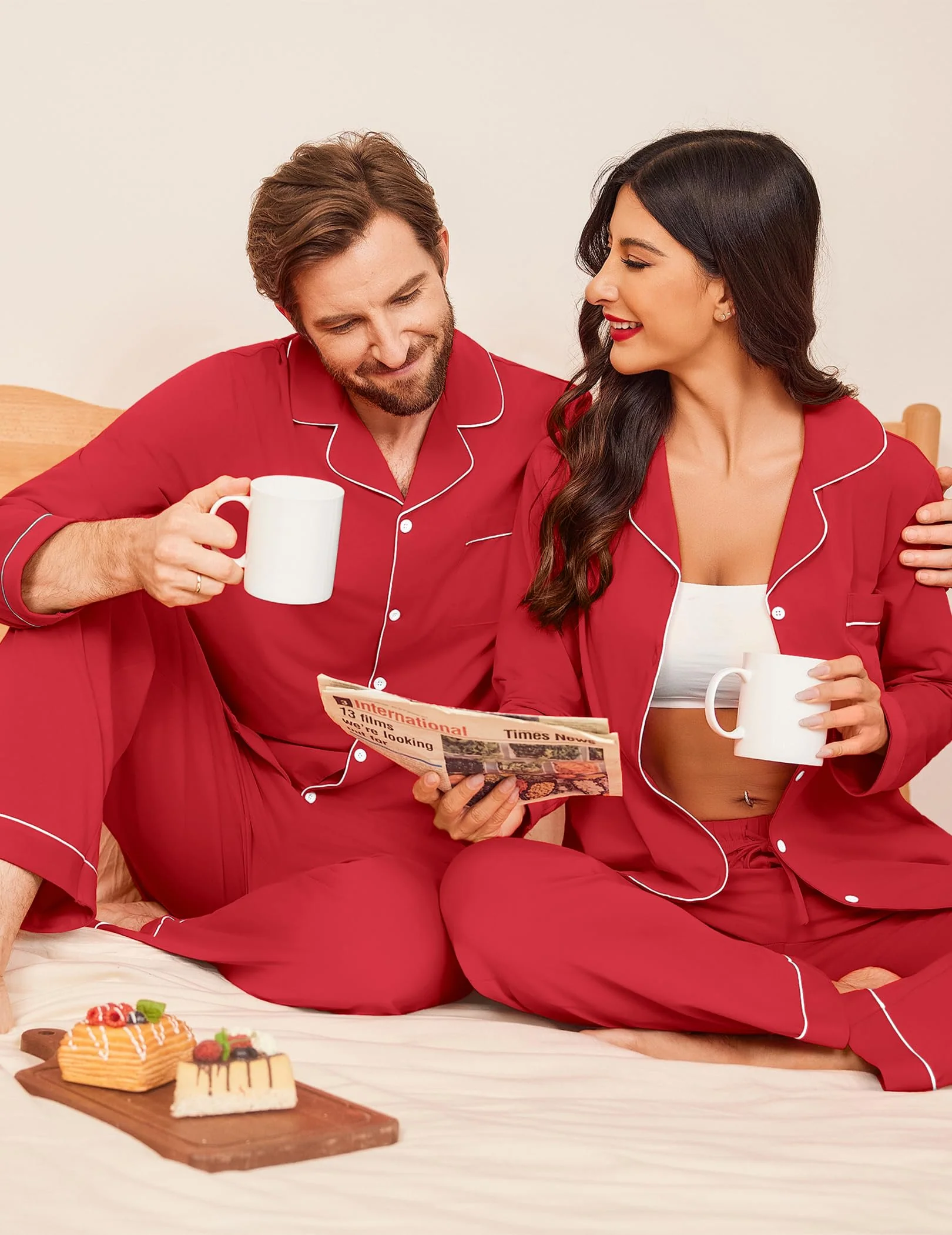 Ekouaer Men's Pajama Set Winter Long Pjs Couples Adults Christmas Sleepwear Lightweight 100% Cotton Lounge Set,Red,XL - Image 5