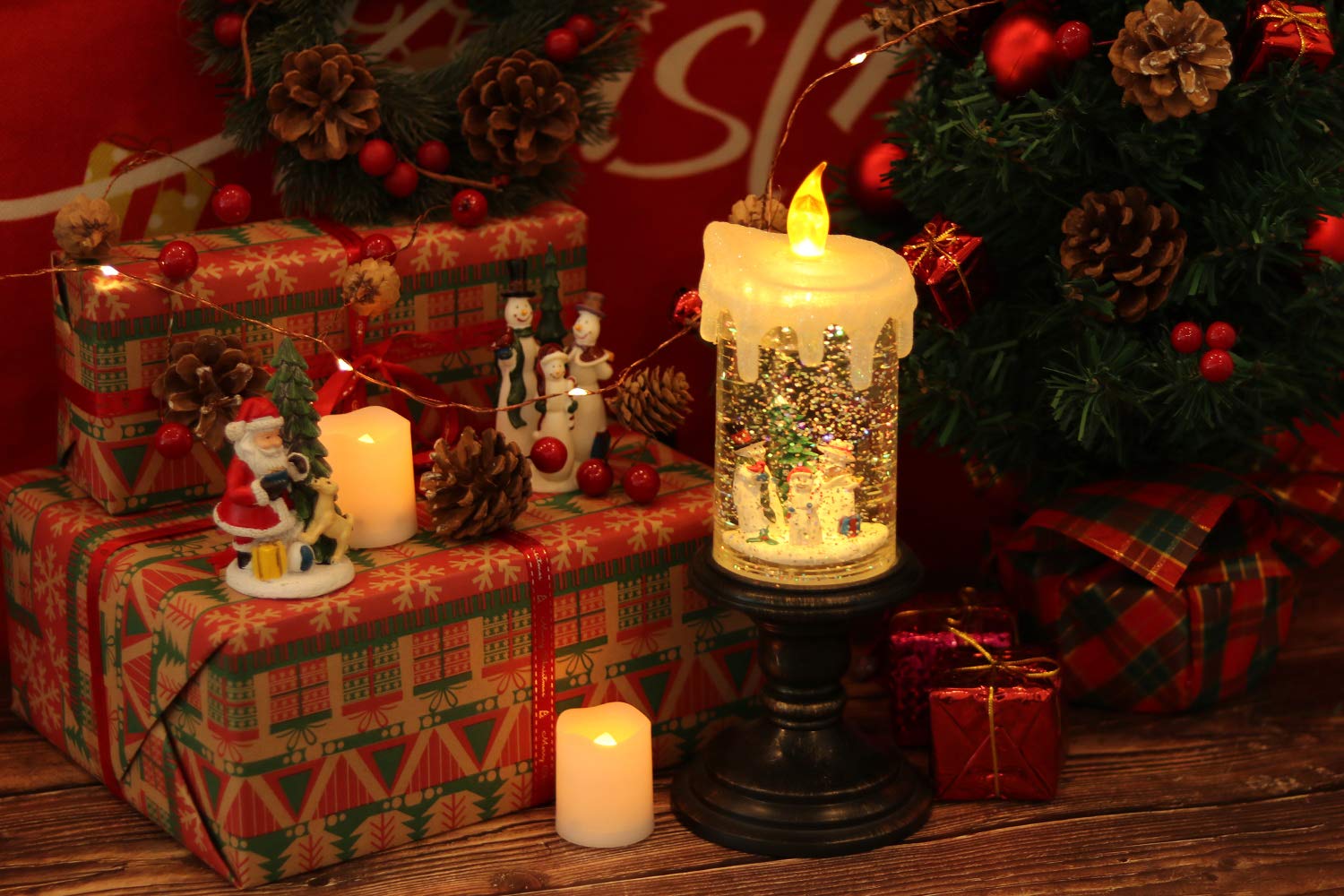 Eldnacele Christmas Snow Globe Candle Battery Operated Lighted Flameless Candles Light Swirling Water Glittering Spinning Candles for Home Decoration(Snowmen Family) - Image 2