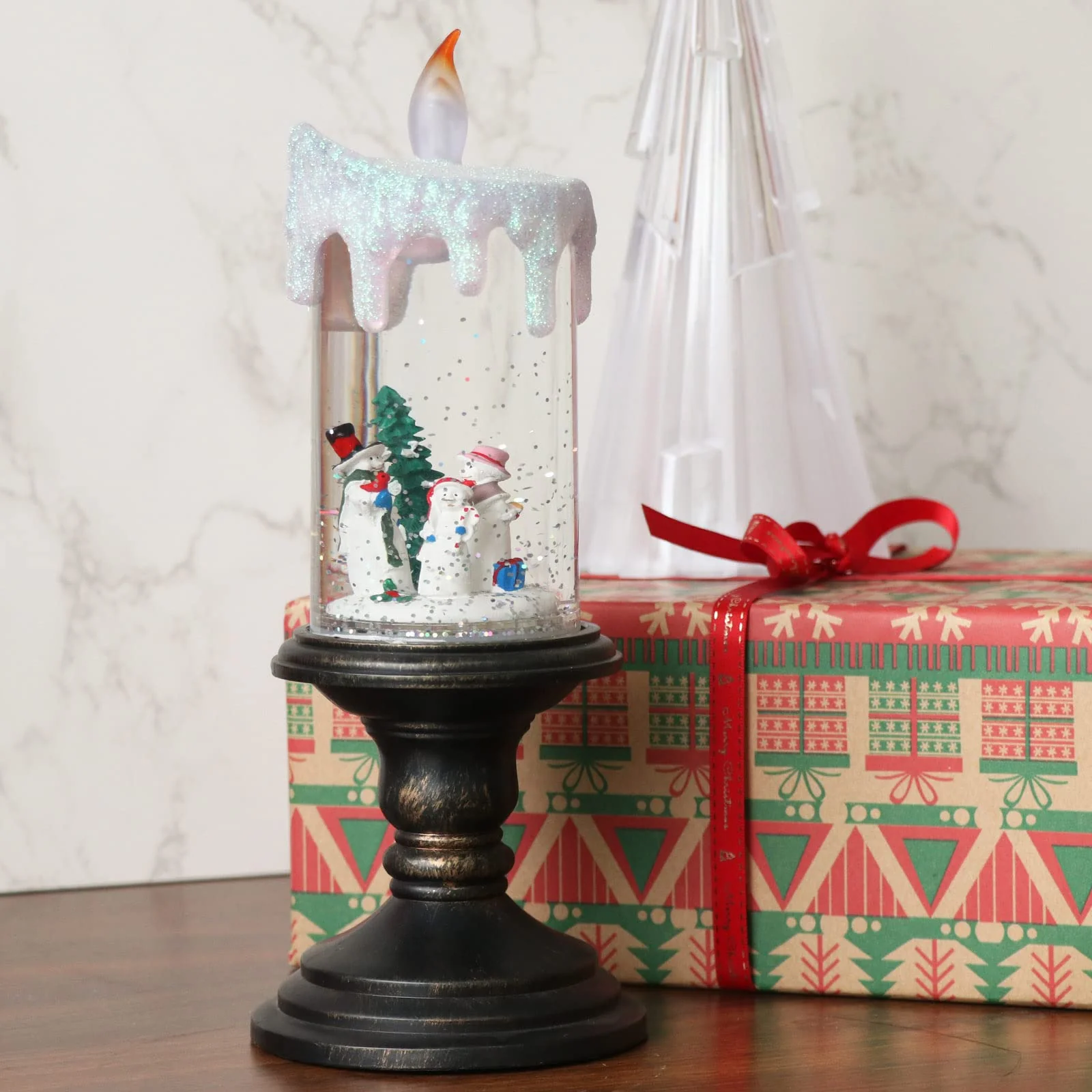 Eldnacele Christmas Snow Globe Candle Battery Operated Lighted Flameless Candles Light Swirling Water Glittering Spinning Candles for Home Decoration(Snowmen Family) - Image 3