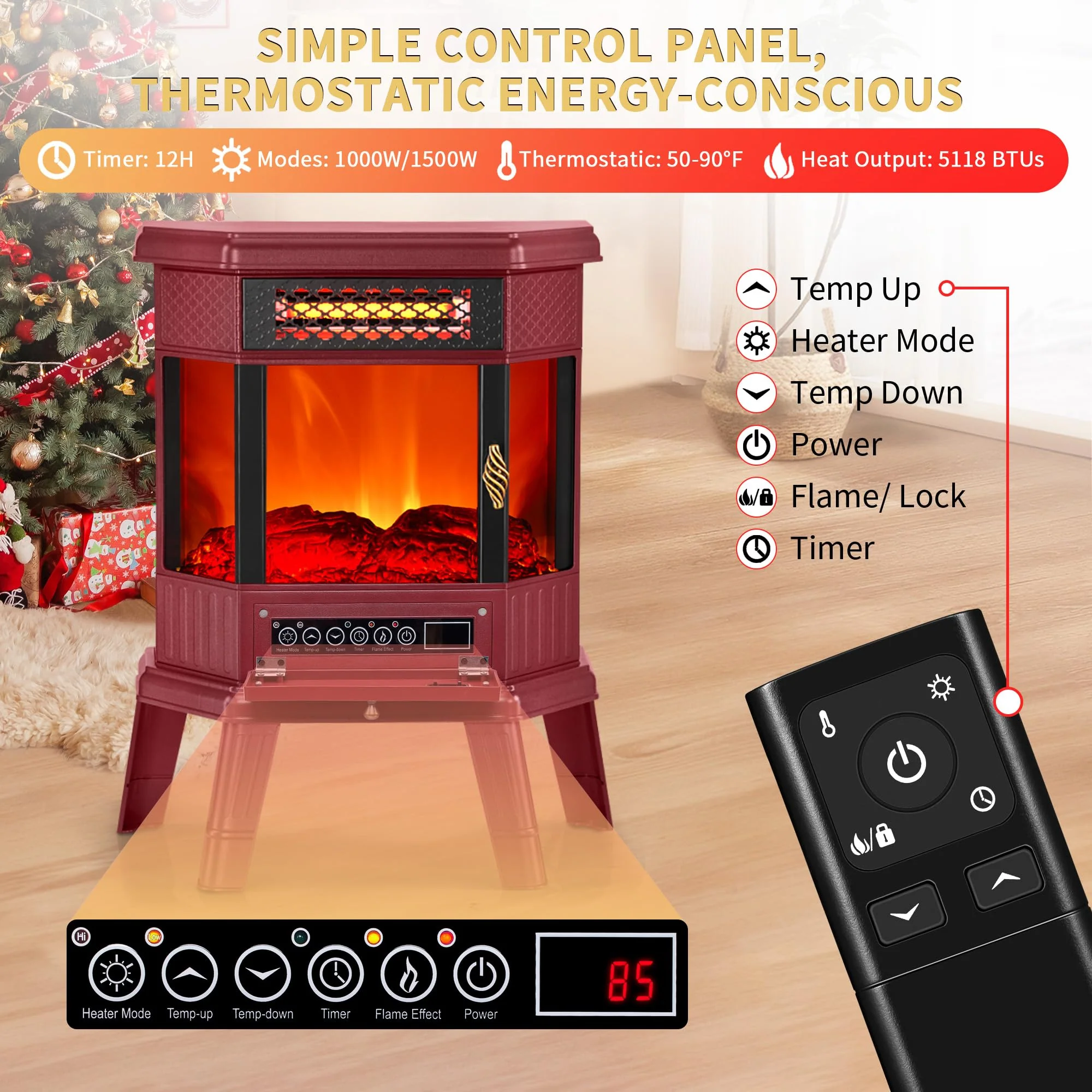 Electric Fireplace Heater 22 in Freestanding Fireplace Stove Infrared Fireplace RealSmart with 3D Flame Effect Remote Control, Timer, Overheating Protection Heater for Indoor Use Black (Christmas Red) - Image 5