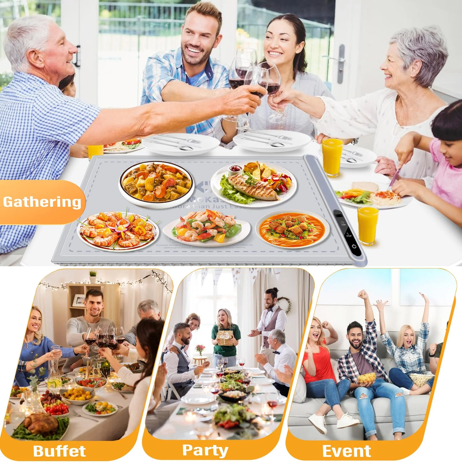 Electric Food Warming Mat Heating：Flameless Silicone Countertop Warmer Tray With 7 Temps 24x16 Inch - Portable Foldable Heat Pad Keep Food Warm For Dinner Serving And Buffet Party - (GRAY) - Image 4