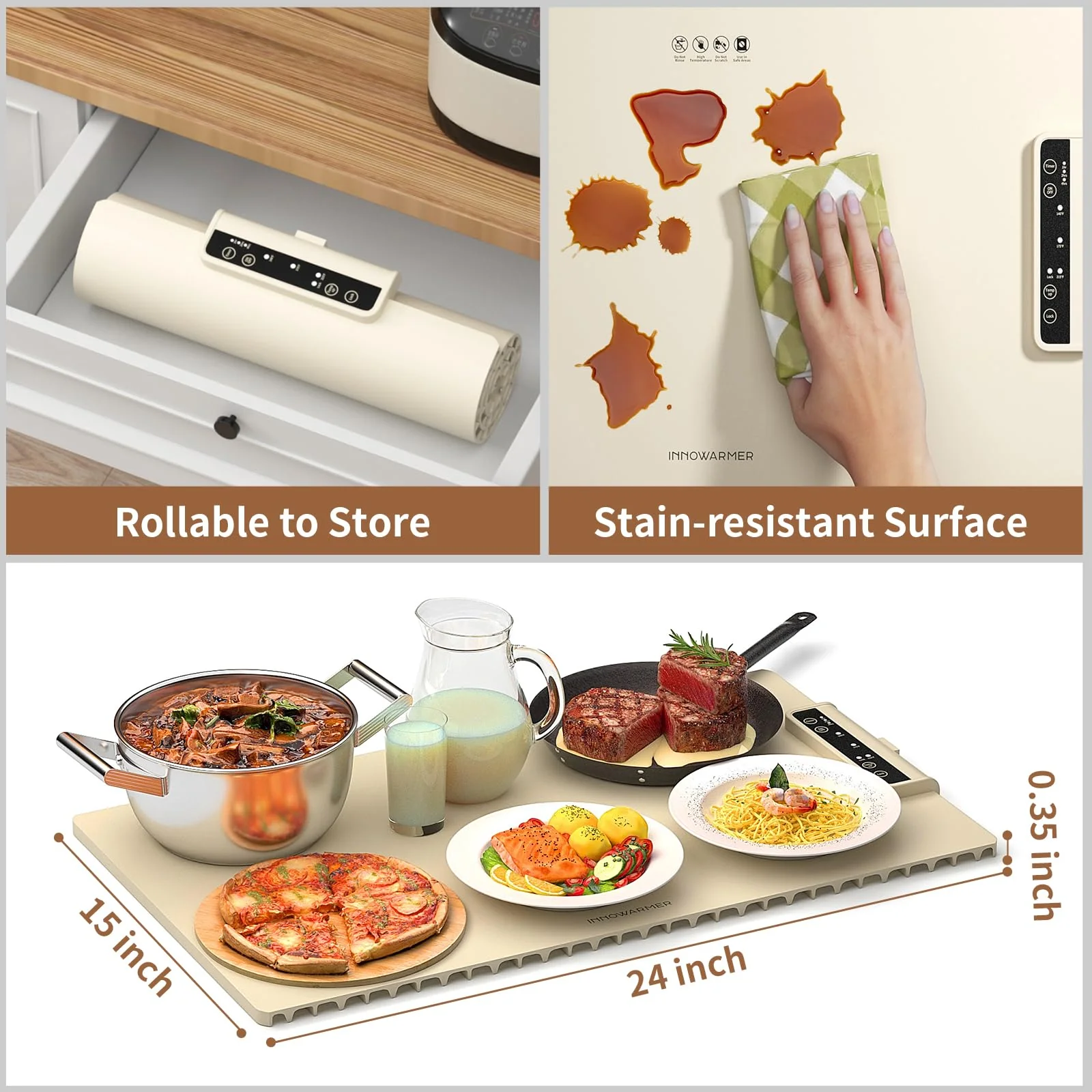Electric Food Warming Mat: Silicone Food Warmer for Parties Buffet, Portable Fast Heating Pads for Food, Pizza Coffee Tea Heater Meat Defrosting Tray Adjustable Temperature (White) - Image 3