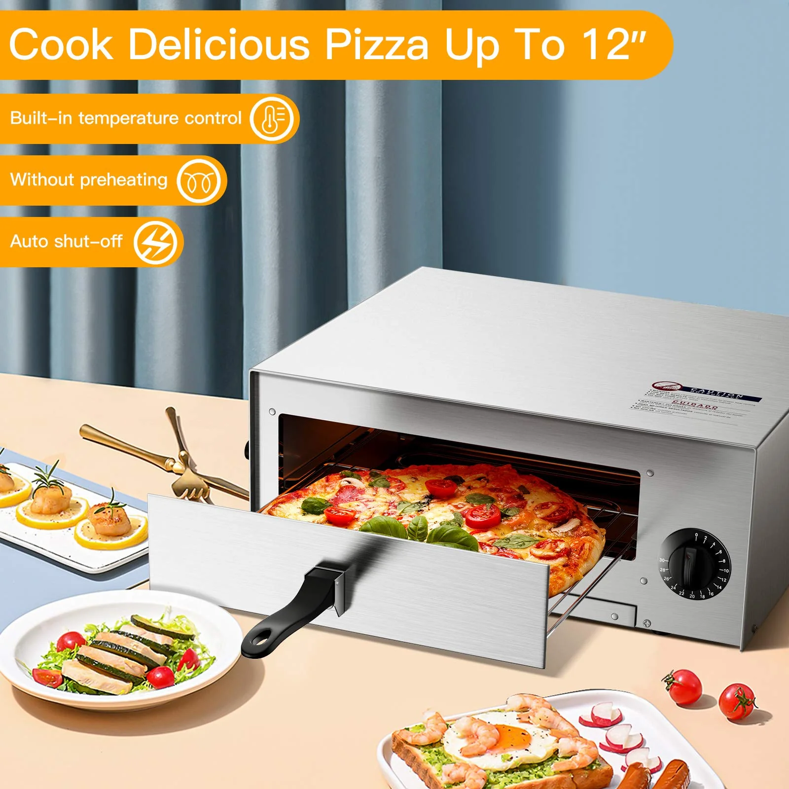 Electric Pizza Oven, Stainless Steel Pizza Baker With Auto Shut-off, Handle, Removable Pizza Tray, Countertop Pizza Maker For Kitchen & Commercial Use - Image 6