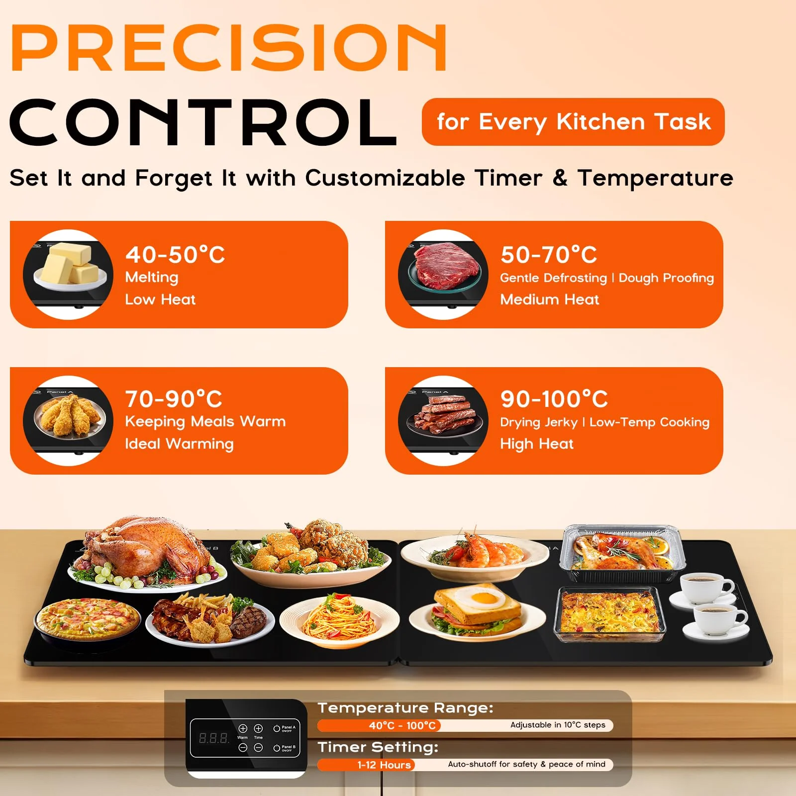 Electric Warming Mat for Food 32" x 12", Tempered Glass Top,Food Warmer Tray for Countertop, Parties Buffet,Gatherings,Adjustable 104–212°F with 1–12h Timer,Built-in Thermostat & Overheat Protection - Image 4