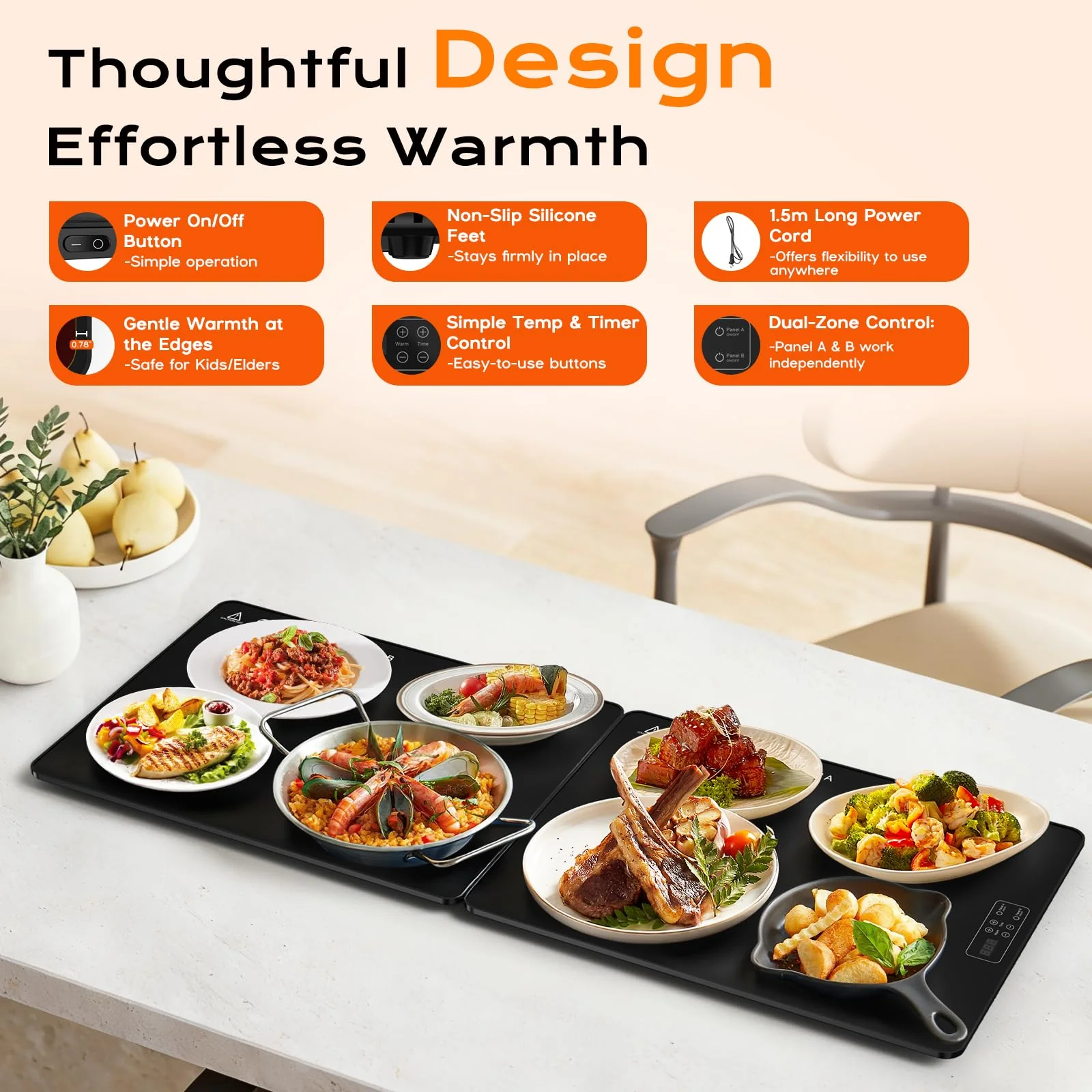Electric Warming Mat for Food 32" x 12", Tempered Glass Top,Food Warmer Tray for Countertop, Parties Buffet,Gatherings,Adjustable 104–212°F with 1–12h Timer,Built-in Thermostat & Overheat Protection - Image 7