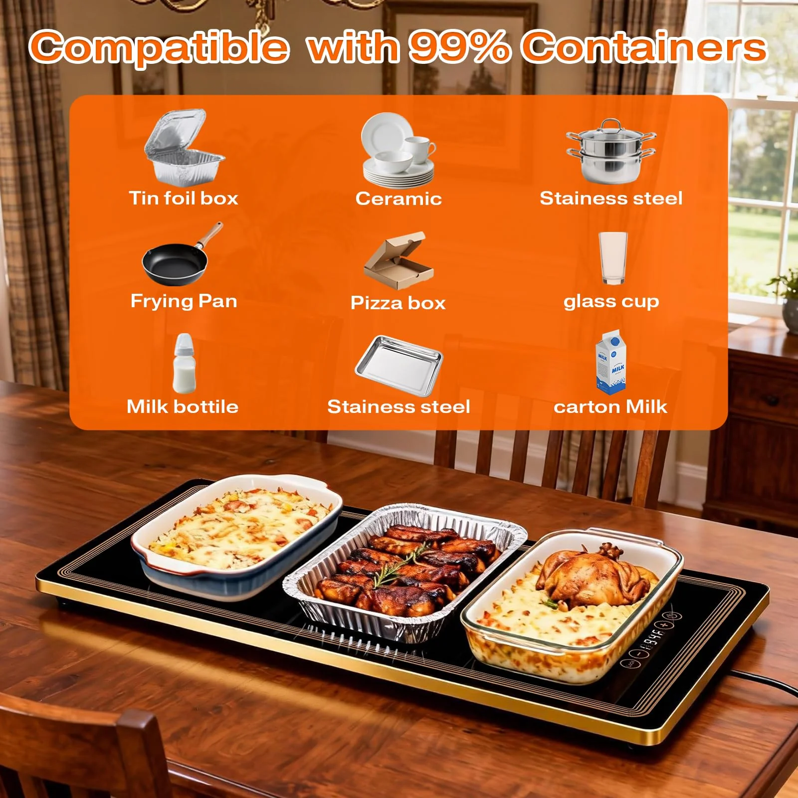 Electric Warming Tray for Food (Long 24x12 Inches), Warming Trays with 12 Temp-Settings,Built-in Thermostat and Full Surface Heating,Versatile Food Warmers for Parties Buffet,Gatherings,Daily Use - Image 4