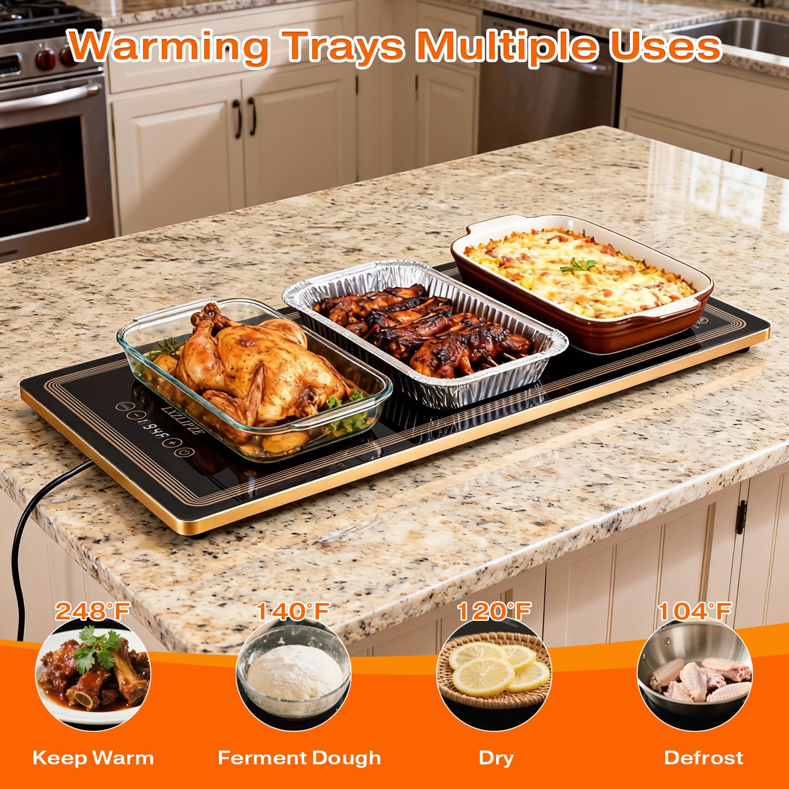 Electric Warming Tray for Food (Long 24x12 Inches), Warming Trays with 12 Temp-Settings,Built-in Thermostat and Full Surface Heating,Versatile Food Warmers for Parties Buffet,Gatherings,Daily Use - Image 5